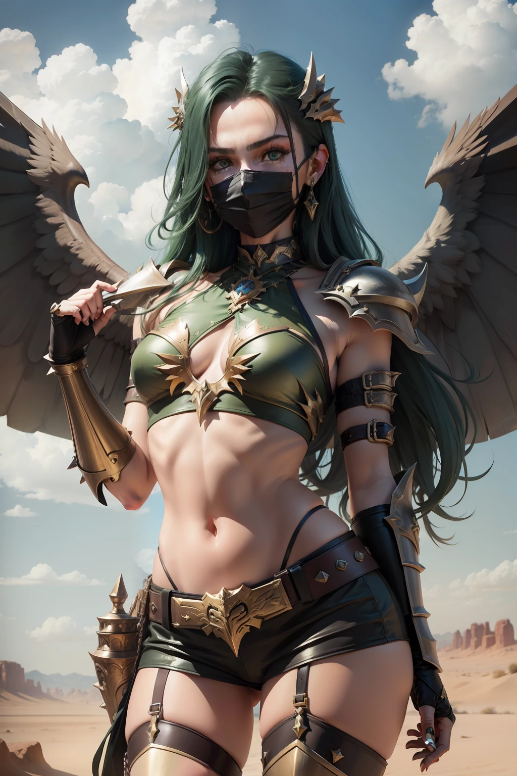 (cowboy shot), (masterpiece), (best quality:1.0), (ultra highres:1.0), highly detailed face and eyes,
BREAK
ShayeraDC, green eyes, mask, metal wings, wings, holding weapon, large spiked mace
green and gold crop top, shoulder pauldron, gauntlets, pantyhose, midriff, belt, 
BREAK
desert, clouds