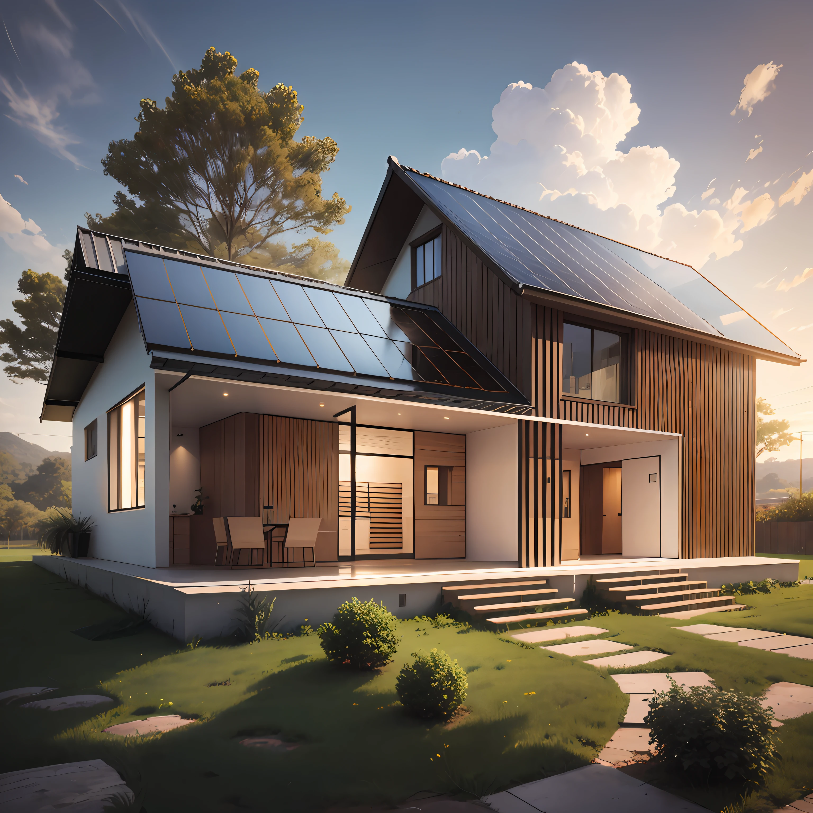 Uma casa, altamente detalhada, with solar panels on the roof , design moderno elegante, com um paisagem radiante e um sol