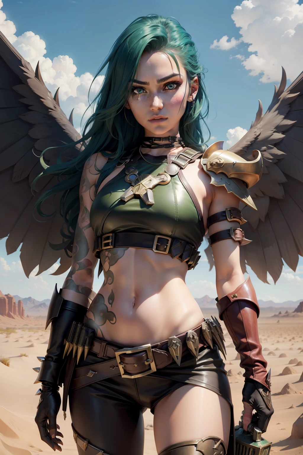 (cowboy shot), (masterpiece), (best quality:1.0), (ultra highres:1.0), highly detailed face and eyes,
BREAK
ShayeraDC, green eyes, mask, metal wings, wings, holding weapon, large spiked mace
green and gold crop top, shoulder pauldron, gauntlets, pantyhose, midriff, belt, 
BREAK
desert, clouds