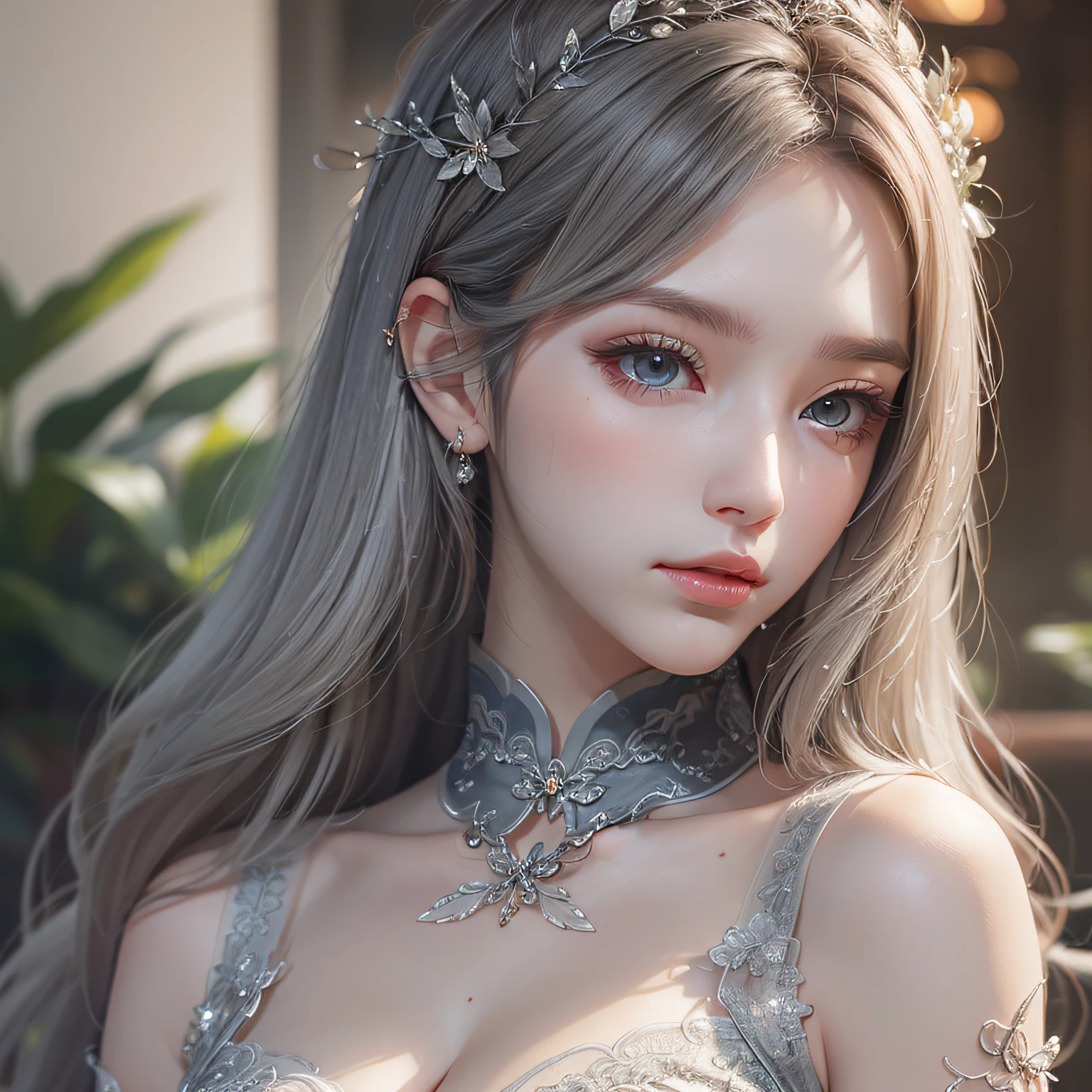 Vixen, graceful, beautiful face, charming eyes, silver hair, delicate clothing, cheongsam, feminine, elegant, (masterpiece:1.2), best quality, masterpiece, hires, original, extremely detailed wallpaper, perfect lighting, (extremely detailed CG:1.2)