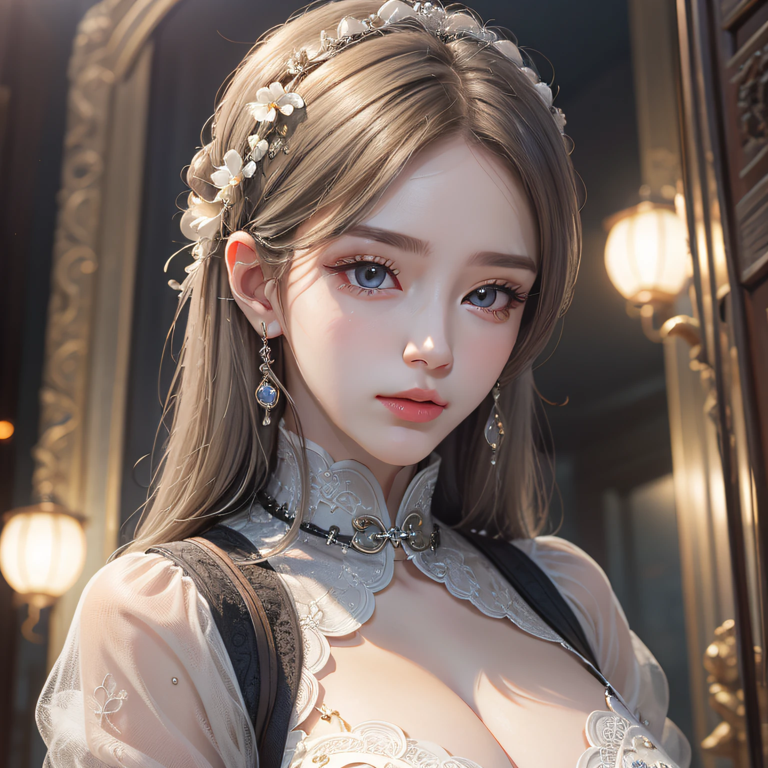 Vixen, graceful, beautiful face, charming eyes, silver hair, delicate clothing, cheongsam, feminine, elegant, (masterpiece:1.2), best quality, masterpiece, hires, original, extremely detailed wallpaper, perfect lighting, (extremely detailed CG:1.2)