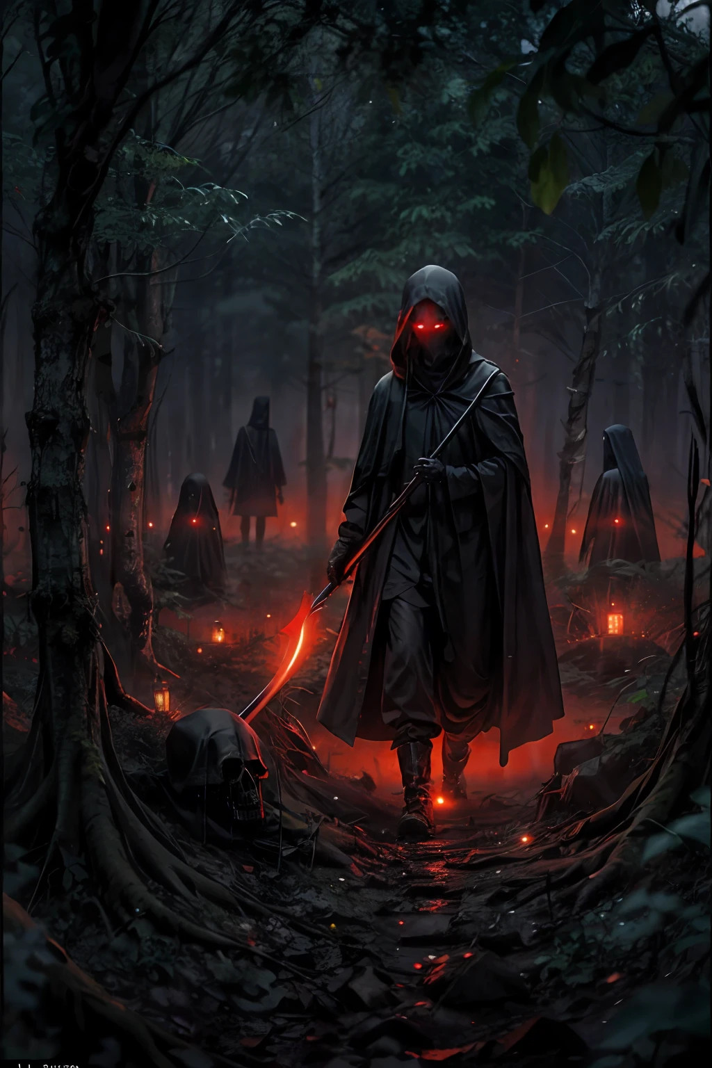 In the foggy forest at night line cultists or Grim Reaper with scythes，They wore black robes and hoods，No face to see，In the distance lies corpses，Above the corpse floated a translucent ghost，Red edge light，luminous red eyes，Scary gloomy atmosphere，Evoke fear，SENSE OF CINEMA，best qualtiy, highest details, hyper HD,