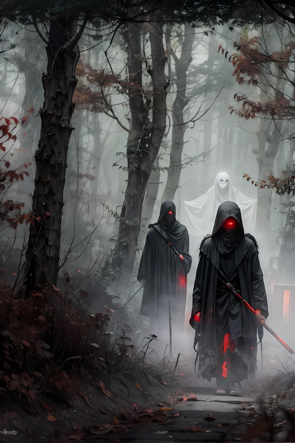 In the foggy forest at night line cultists or Grim Reaper with scythes，They wore black robes and hoods，No face to see，In the distance lies corpses，Above the corpse floated a translucent ghost，Red edge light，luminous red eyes，Scary gloomy atmosphere，Evoke fear，SENSE OF CINEMA，best qualtiy, highest details, hyper HD,