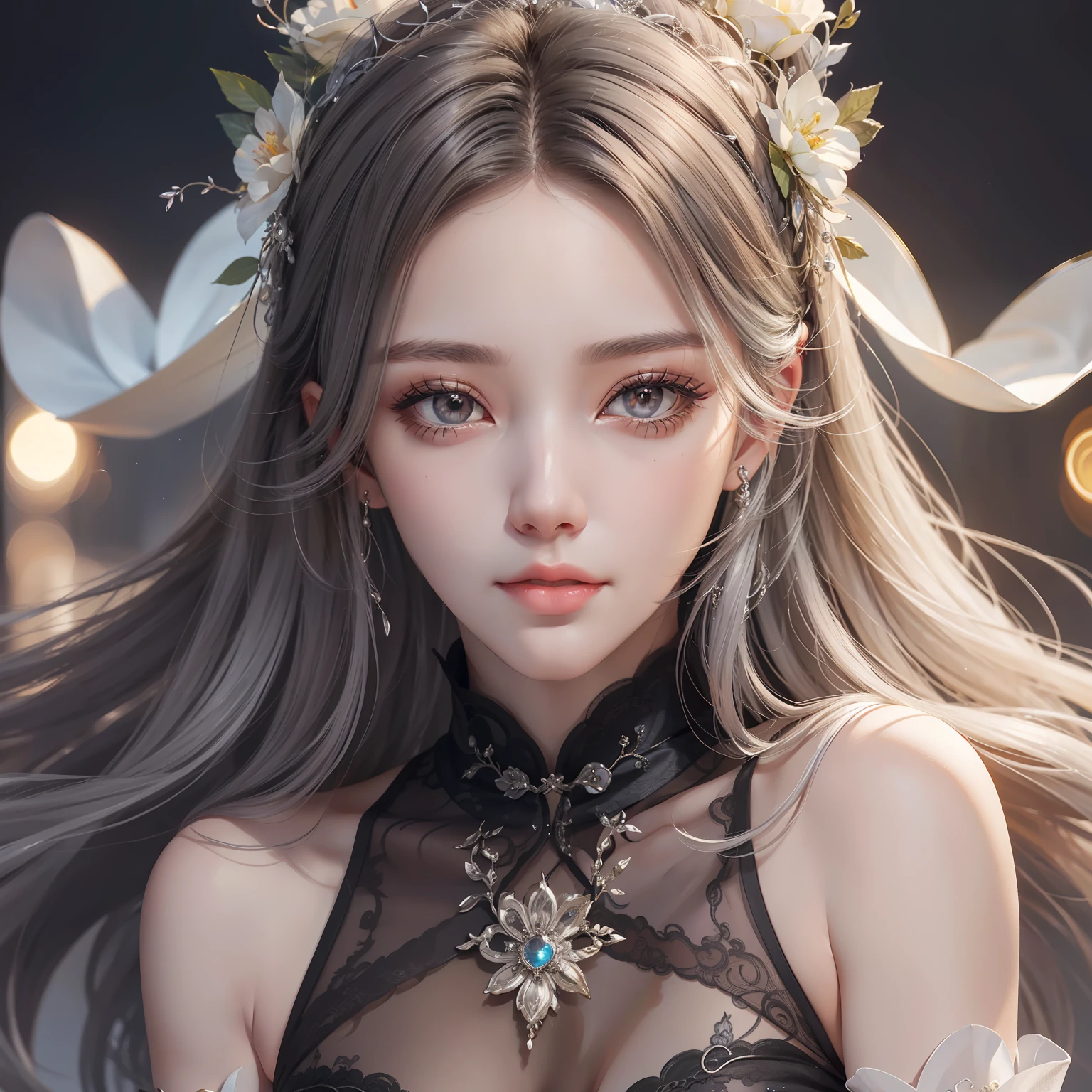 Vixen, graceful, beautiful face, charming eyes, silver hair, delicate clothing, cheongsam, feminine, elegant, (masterpiece:1.2), best quality, masterpiece, hires, original, extremely detailed wallpaper, perfect lighting, (extremely detailed CG:1.2)