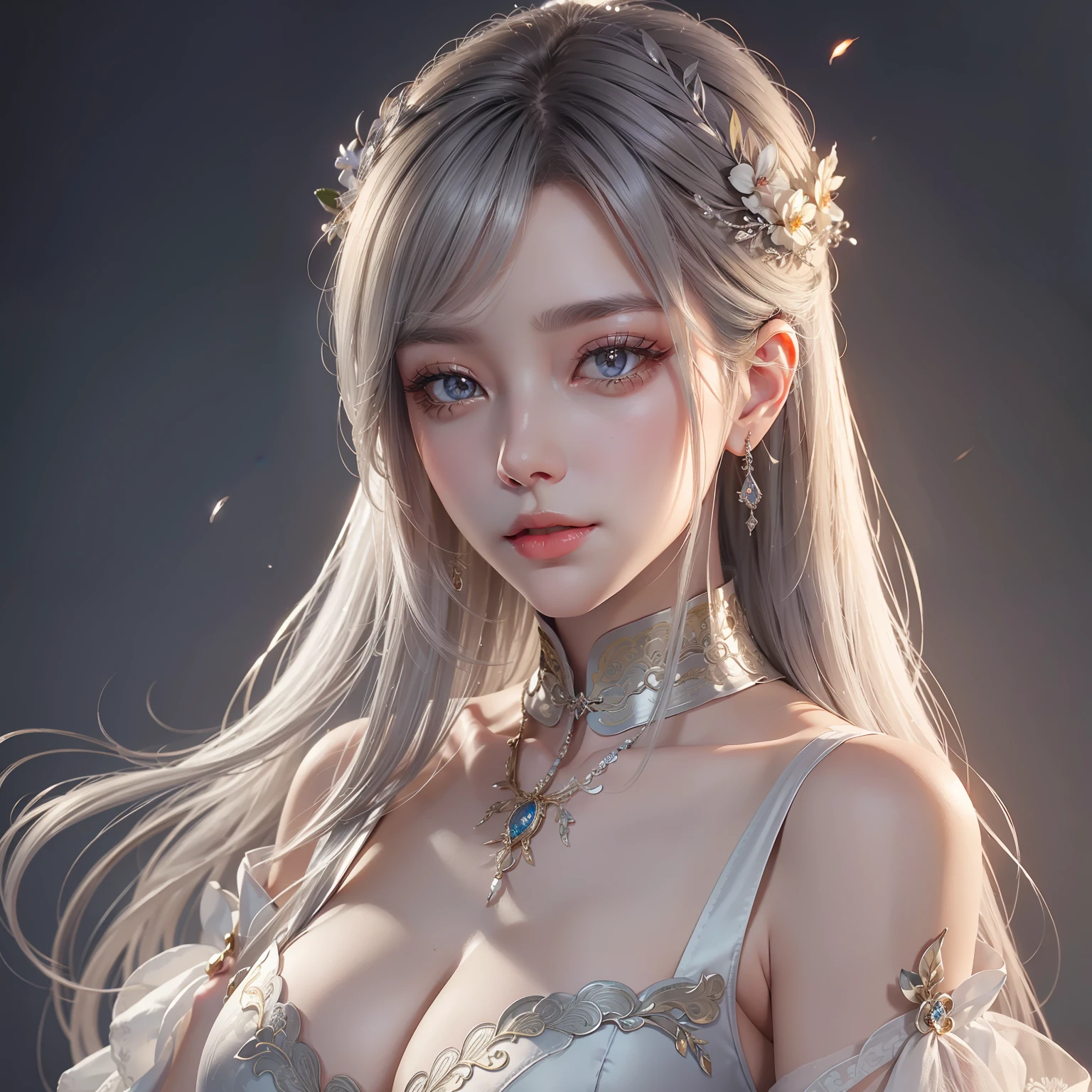 Vixen, graceful, beautiful face, charming eyes, silver hair, delicate clothing, cheongsam, feminine, elegant, (masterpiece:1.2), best quality, masterpiece, hires, original, extremely detailed wallpaper, perfect lighting, (extremely detailed CG:1.2)