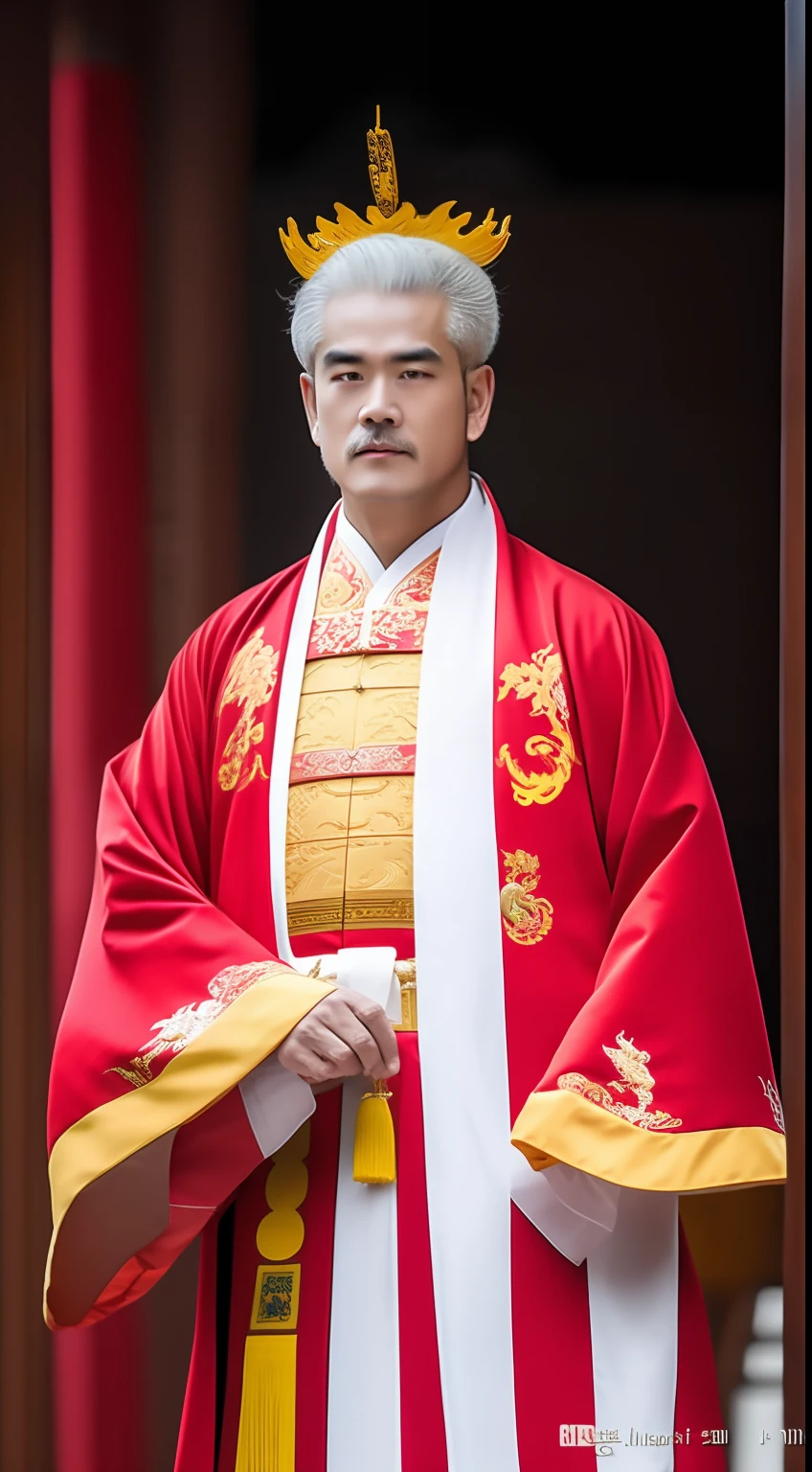 Masterpiece, Highest quality, (solofocus),, (High detail: 1.1),dojo,Red and yellow robes,The male, Man, chinese crown, 1人,and white hair,超高分辨率 , Detailed background, realisticlying, wearing a detailed and intricate xianxia antique outfit
