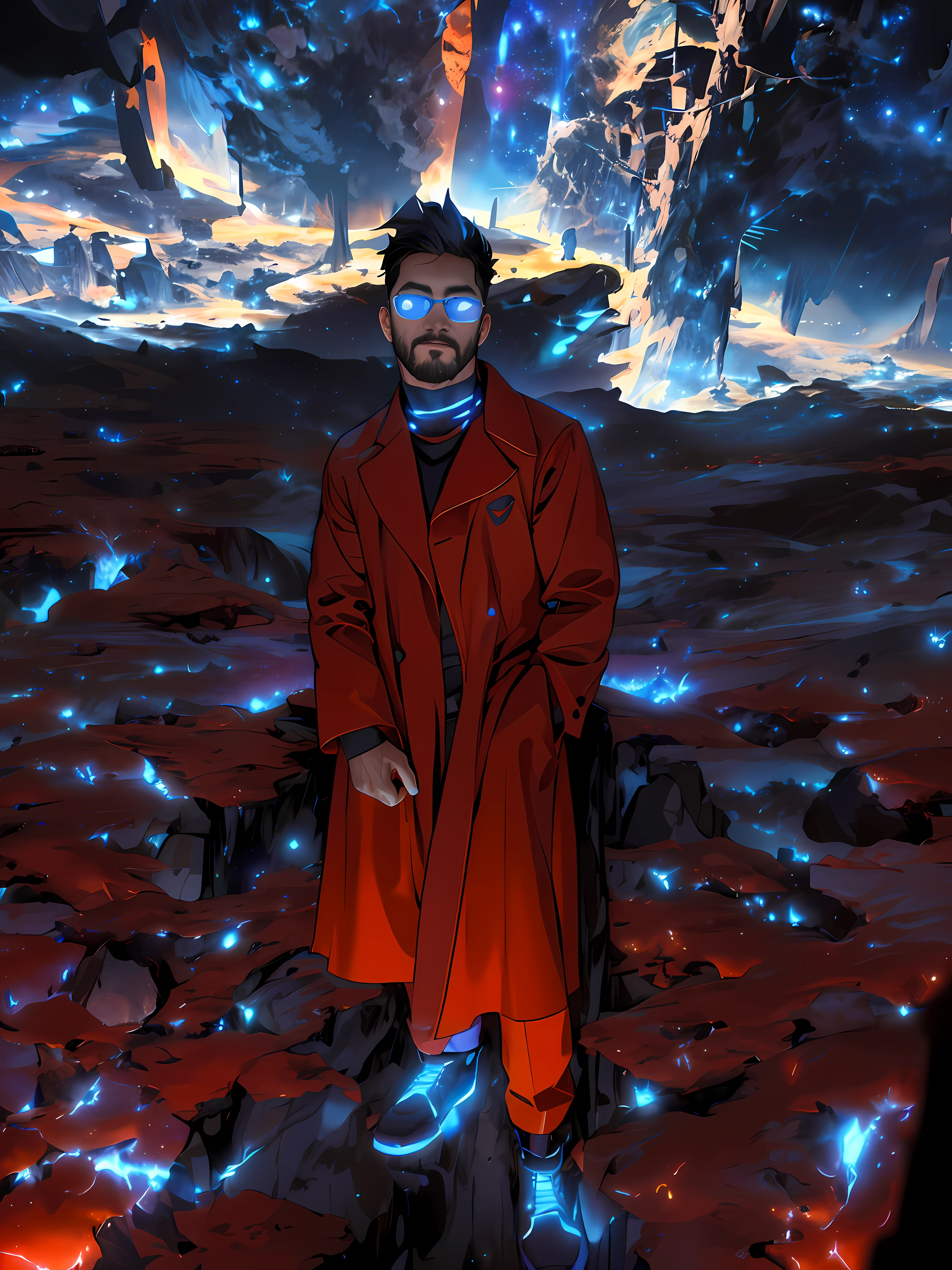 Draw a young programmer, sitting on a research platform floating in the middle of an asteroid belt. He is studying with a notebook, surrounded by several asteroids glowing with fiery auras. Dramatic lighting from distant stars and planets illuminates the scene, casting deep shadows on the suit. The young man looks confident and determined, looking at the vast and mysterious universe with wonder and respect,facial hair, cowboy shot,