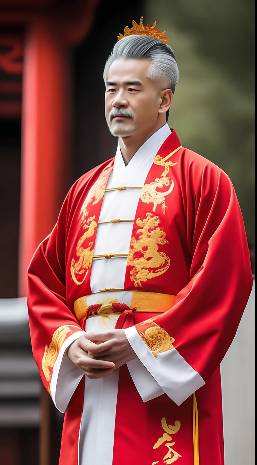 Masterpiece, Highest quality, (solofocus),, (High detail: 1.1),dojo,Red and yellow robes,The male, Man, chinese crown, 1人,and white hair,超高分辨率 , Detailed background, realisticlying, wearing a detailed and intricate xianxia antique outfit