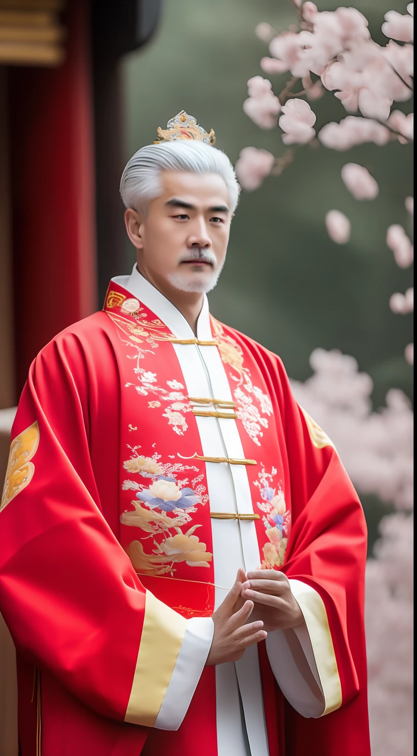 Masterpiece, Highest quality, (solofocus),, (High detail: 1.1),dojo，Red and yellow robes，The male， Man, chinese crown, 1人,and white hair,超高分辨率 , Detailed background, realisticlying, wearing a detailed and intricate xianxia antique outfit