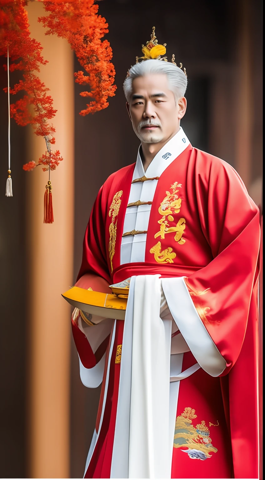Masterpiece, Highest quality, (solofocus),, (High detail: 1.1),dojo，Red and yellow robes，The male， Man, chinese crown, 1人,and white hair,超高分辨率 , Detailed background, realisticlying, wearing a detailed and intricate xianxia antique outfit