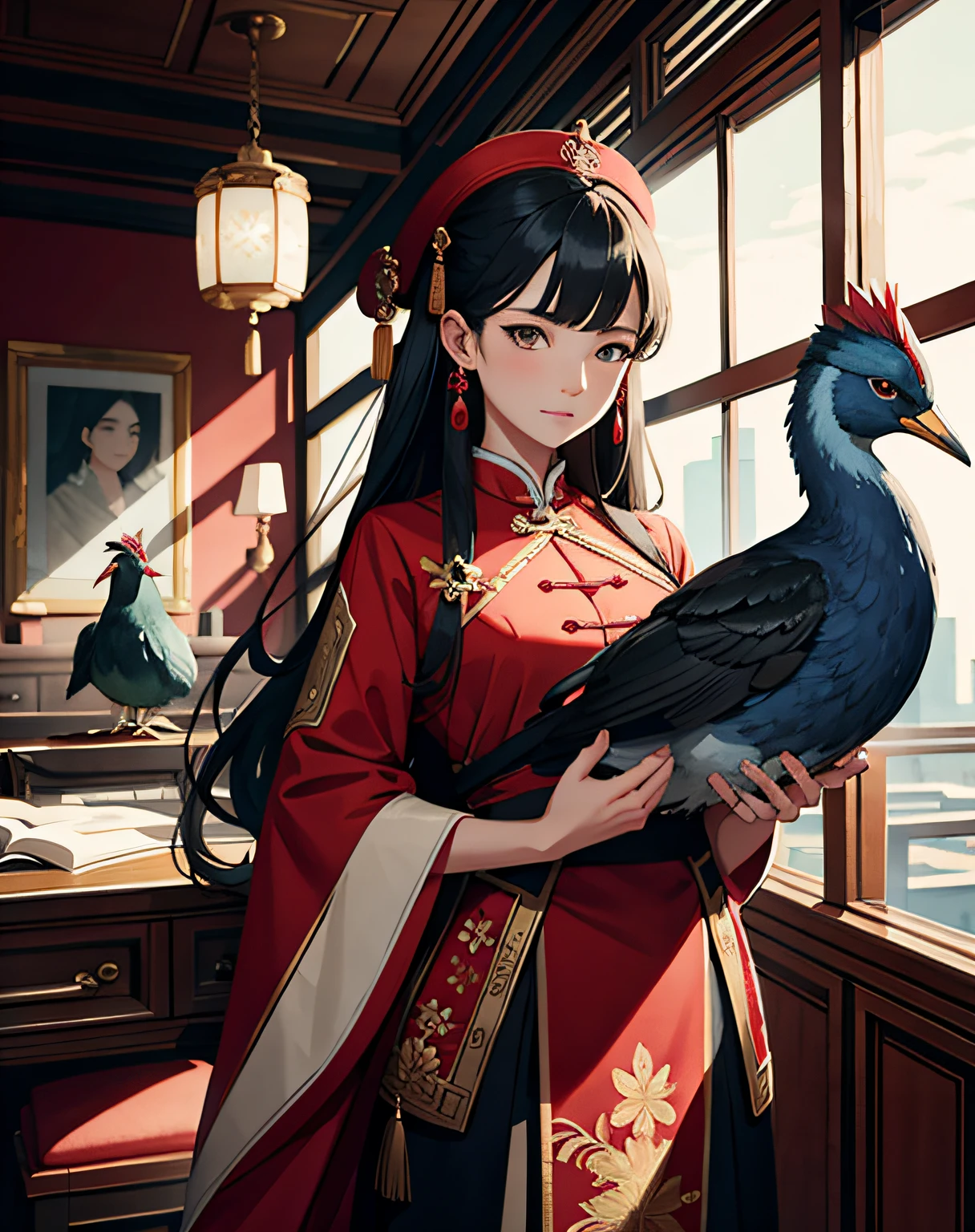 masterpiece chinese watercolor and ink painting, red aesthetics, 1girl holding a peacock, in the style of wlop, trending on artstation, 4k, 8k, ultra wide angle, pincushion lens effect. zenith view, greg rutkowski, beeple. baroque elements. baroque element. intricate