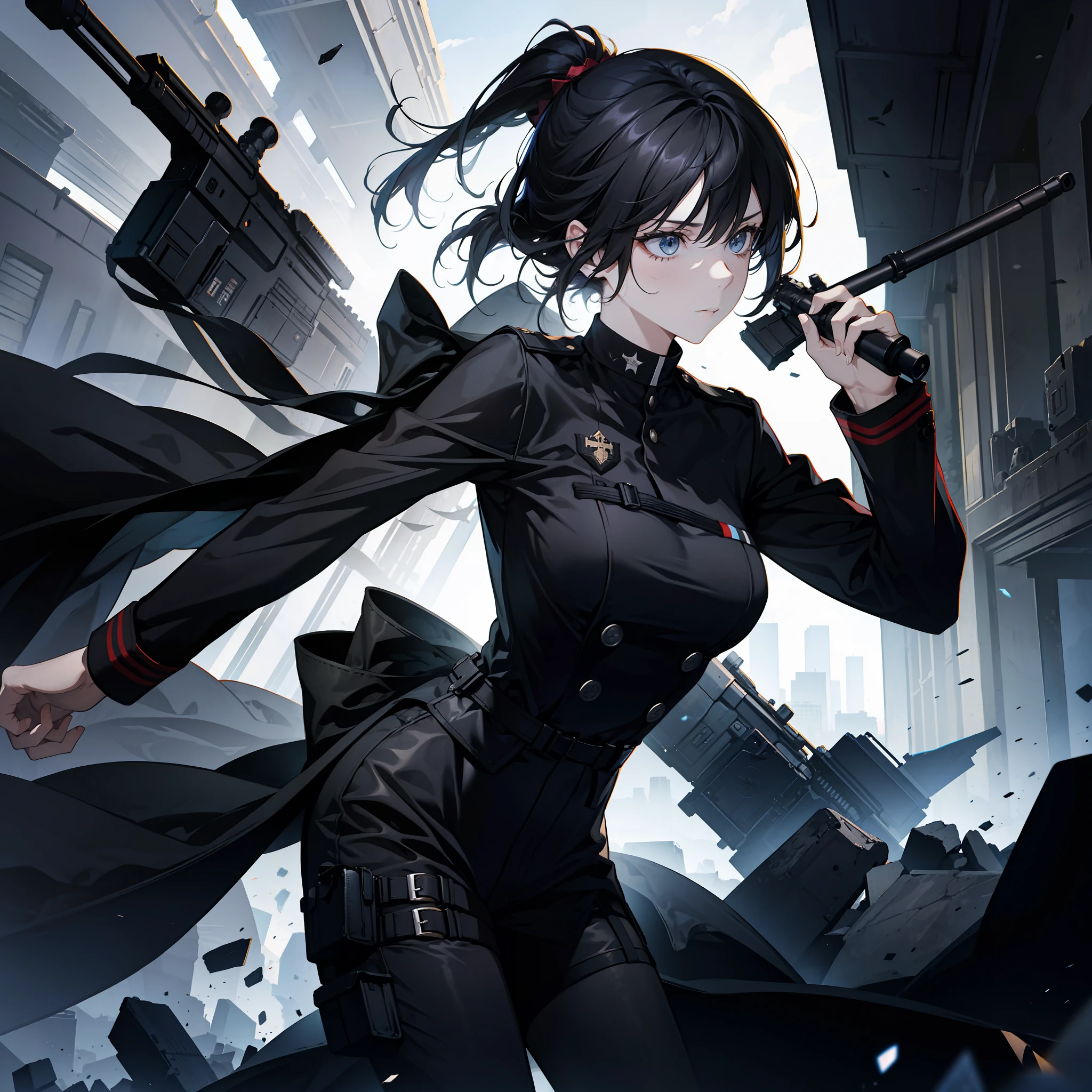 Armed woman in black military uniform，Stand above the ruins in the dark，Behind him was a large sniper rifle，Demeanor resolute，Visual reviewer