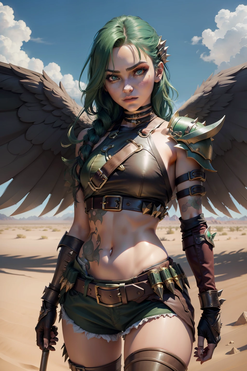 (cowboy shot), (masterpiece), (best quality:1.0), (ultra highres:1.0), highly detailed face and eyes,
BREAK
ShayeraDC, green eyes, mask, metal wings, wings, holding weapon, large spiked mace
green and gold crop top, shoulder pauldron, gauntlets, pantyhose, midriff, belt,
BREAK
desert, clouds