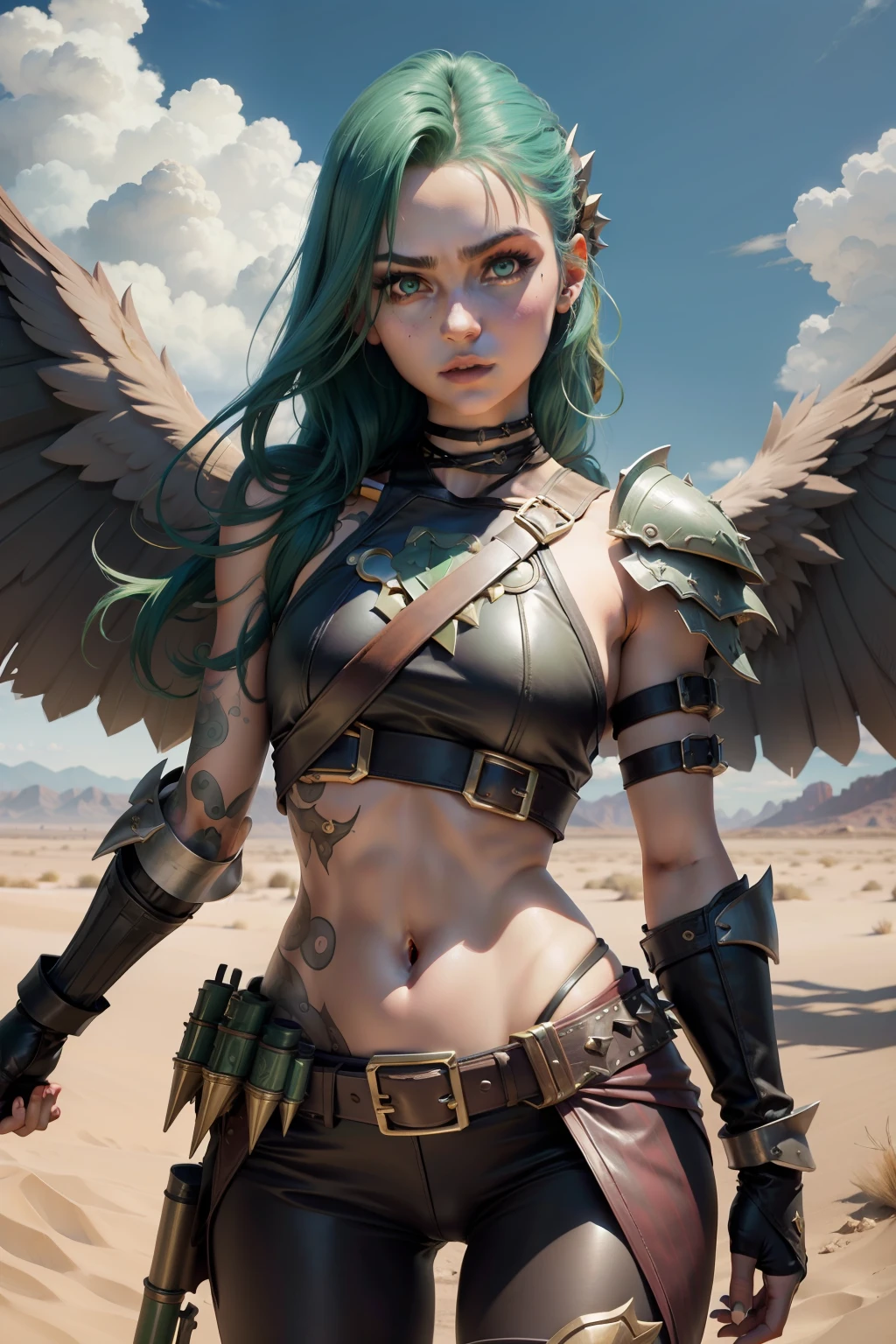 (cowboy shot), (masterpiece), (best quality:1.0), (ultra highres:1.0), highly detailed face and eyes,
BREAK
ShayeraDC, green eyes, mask, metal wings, wings, holding weapon, large spiked mace
green and gold crop top, shoulder pauldron, gauntlets, pantyhose, midriff, belt,
BREAK
desert, clouds