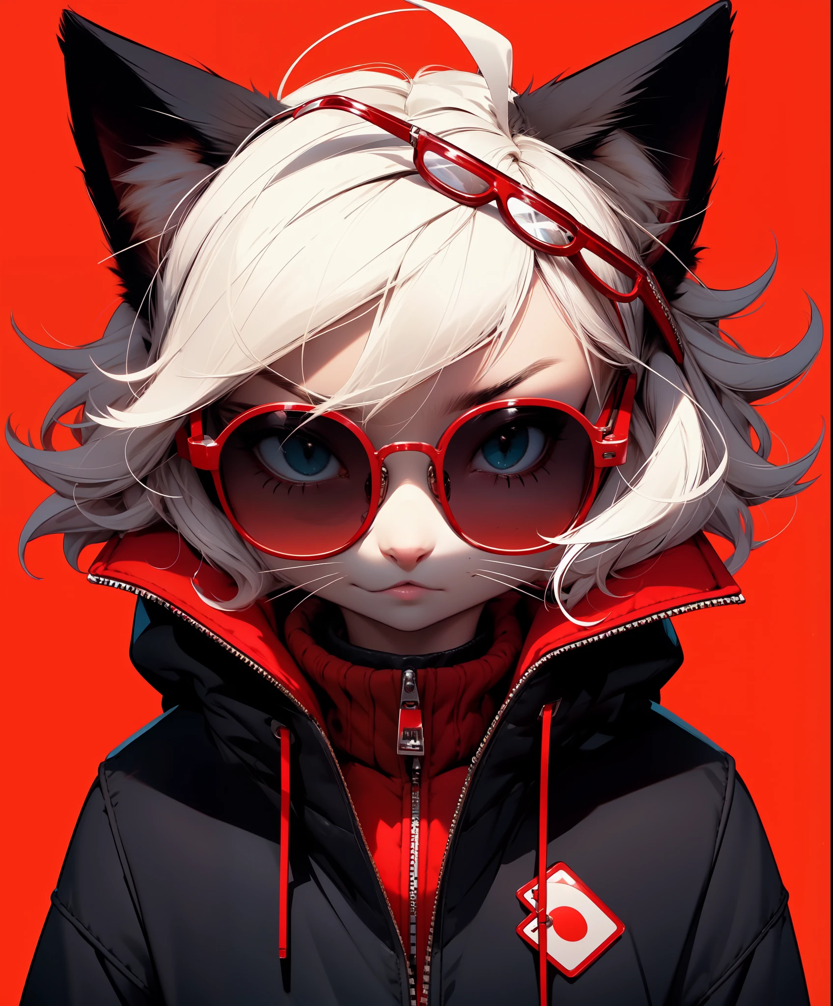 masterpiece, best quality, animal ears, 1girl, jacket, solo, furry, red background, furry female, looking at viewer, black jacket, white fur, white hair, upper body, zipper, glasses, simple background, blue eyes, closed mouth, sunglasses, round eyewear, tinted eyewear, bangs, ahoge, animal nose, cat ears, messy hair, red-framed eyewear, animal ear fluff, short hair, zipper pull tab, medium hair, sweater, masterpiece, best quality,