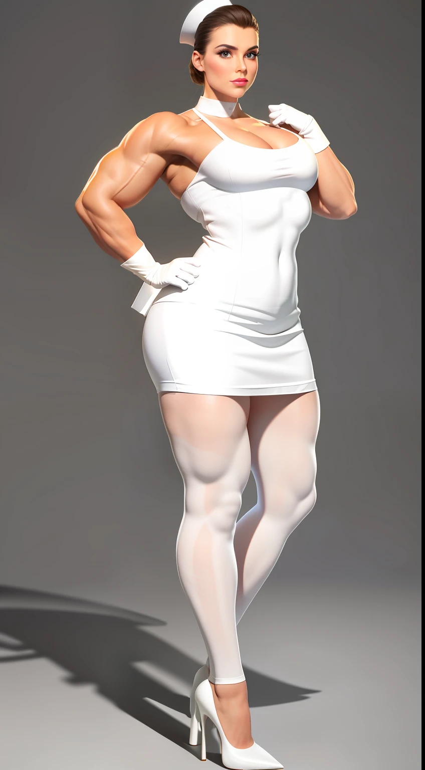 tmasterpiece，finely detailled，Burly woman，Exaggerated large muscles，White silk nurse uniform，high-heels，White rubber gloves， Full body like，standing on your feet，You can see the feet from the head, Beautiful and charming European female face， Single female，Very fair skin，Very broad shoulders, Strong and powerful arms，Stout arms，Strong and powerful leg muscles，looking to the camera