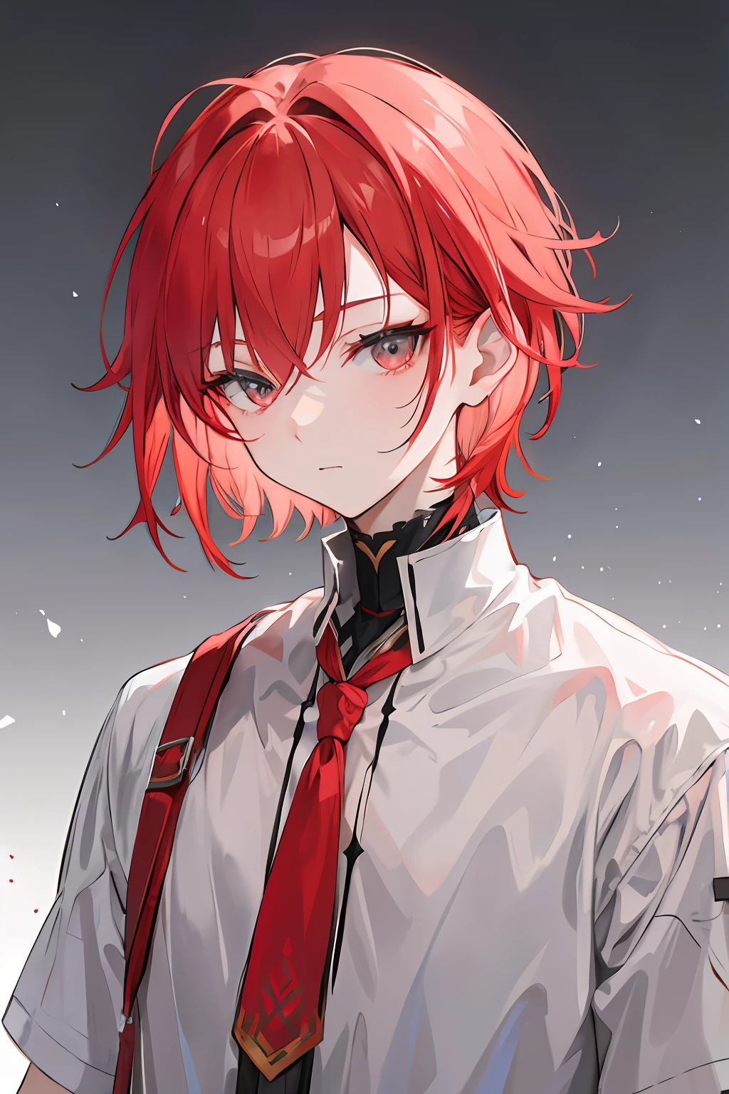 boy, short light red hair, gray eyes, expressive eyes, white skin, soft smile
