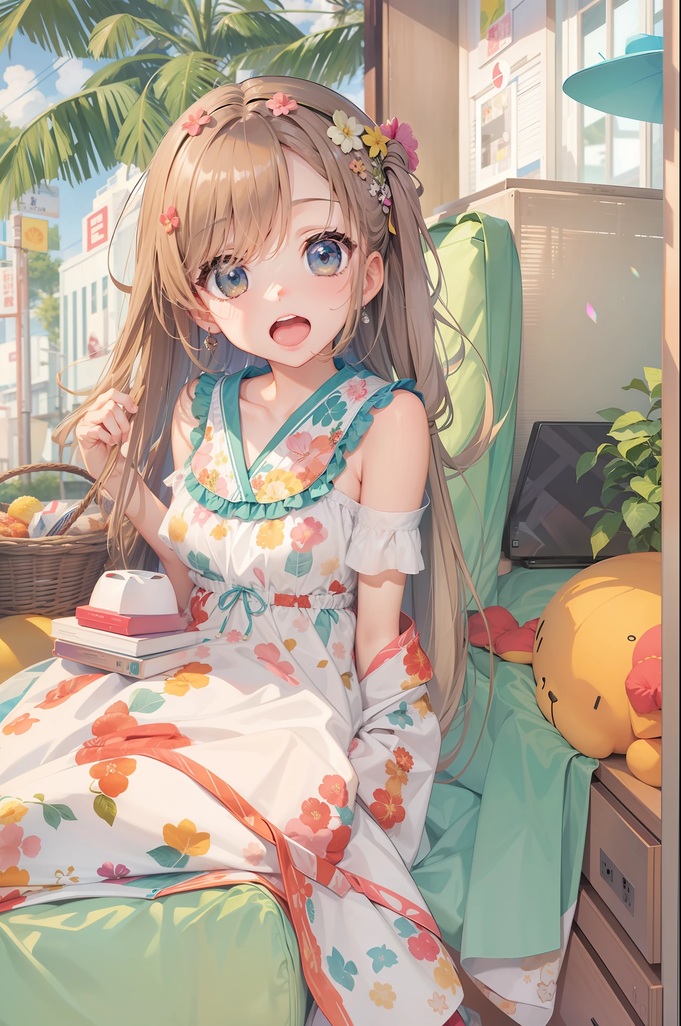 Girl watching TV、summer vacation、
