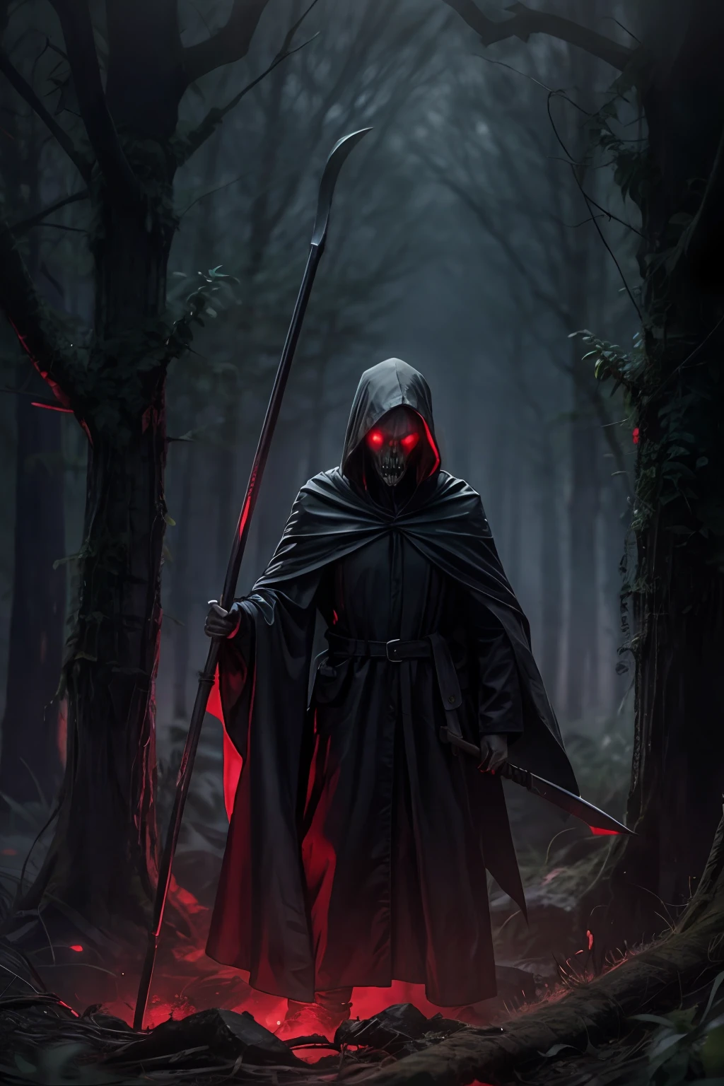 In the foggy forest at night，There are cultists or Grim Reaper with a scythe，They wore black robes and hoods，Face distortion，scream，In the distance lies corpses，A translucent ghost floats above the corpse，Red edge light，luminous red eyes，Terrible gloomy atmosphere，Evoke fear，SENSE OF CINEMA，best qualtiy, highest details, hyper HD,