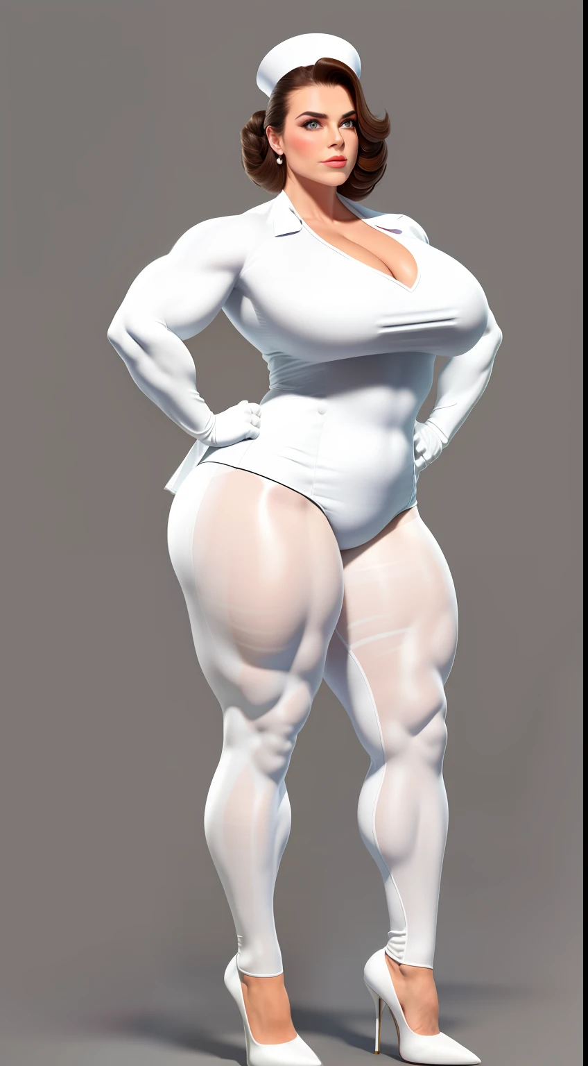 tmasterpiece,finely detailled,Burly woman,Exaggerated large muscles,White silk nurse uniform,high-heels,White rubber gloves, Full body like,standing on your feet,You can see the feet from the head, Beautiful and charming European female face, Single female,Very fair skin,Very broad shoulders, Strong and powerful arms,Stout arms,Strong and powerful leg muscles,looking to the camera