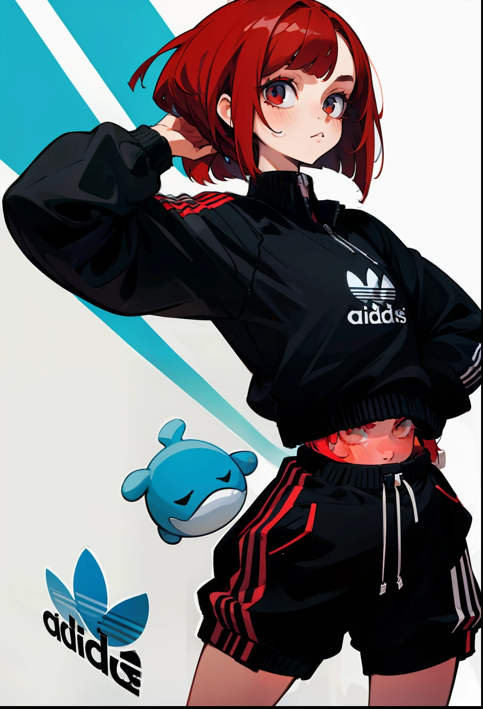 Red hair, 1Girl, Adidas Clothing, model poses, Asymmetrical Bob, Product Advertising