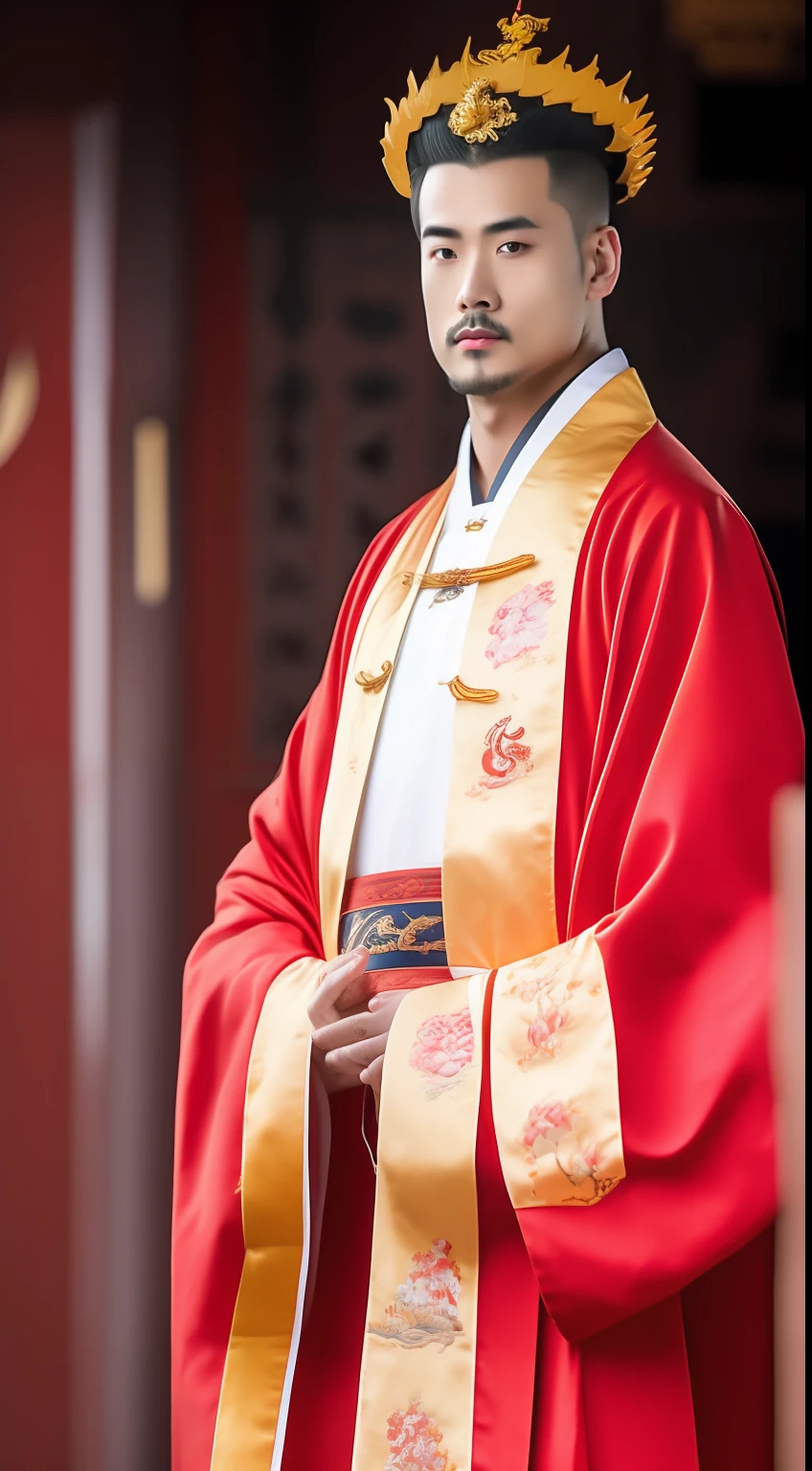 Masterpiece, Highest quality, (solofocus),, (High detail: 1.1),dojo,Red and yellow robes,The male, Man, chinese crown, 1人,and white hair,超高分辨率 , Detailed background, realisticlying, wearing a detailed and intricate xianxia antique outfit