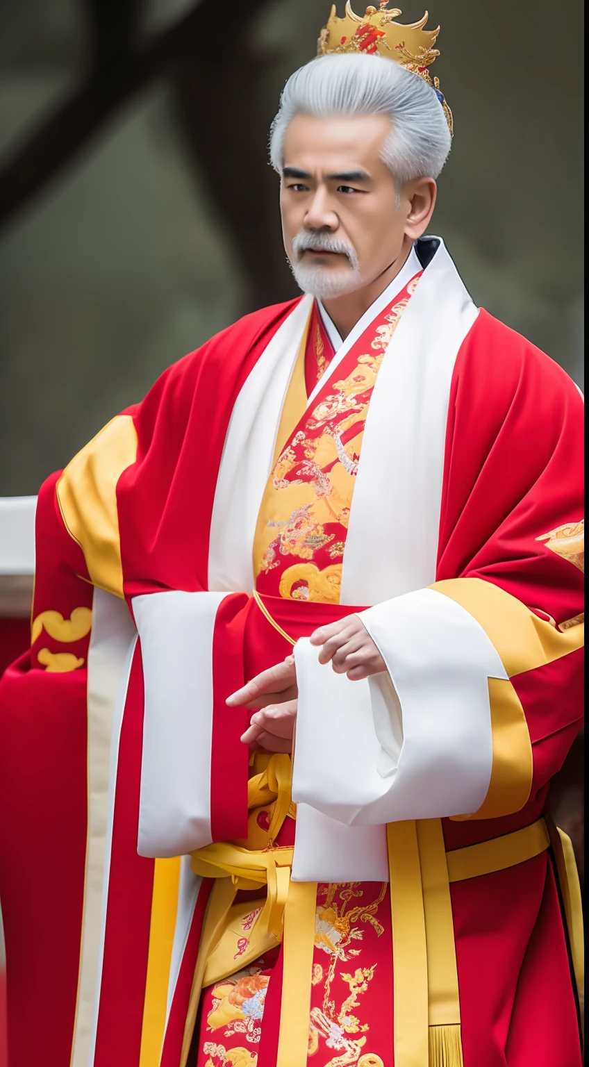 Masterpiece, Highest quality, (solofocus),, (High detail: 1.1),dojo,Red and yellow robes,The male, Man, chinese crown, 1人,and white hair,超高分辨率 , Detailed background, realisticlying, wearing a detailed and intricate xianxia antique outfit