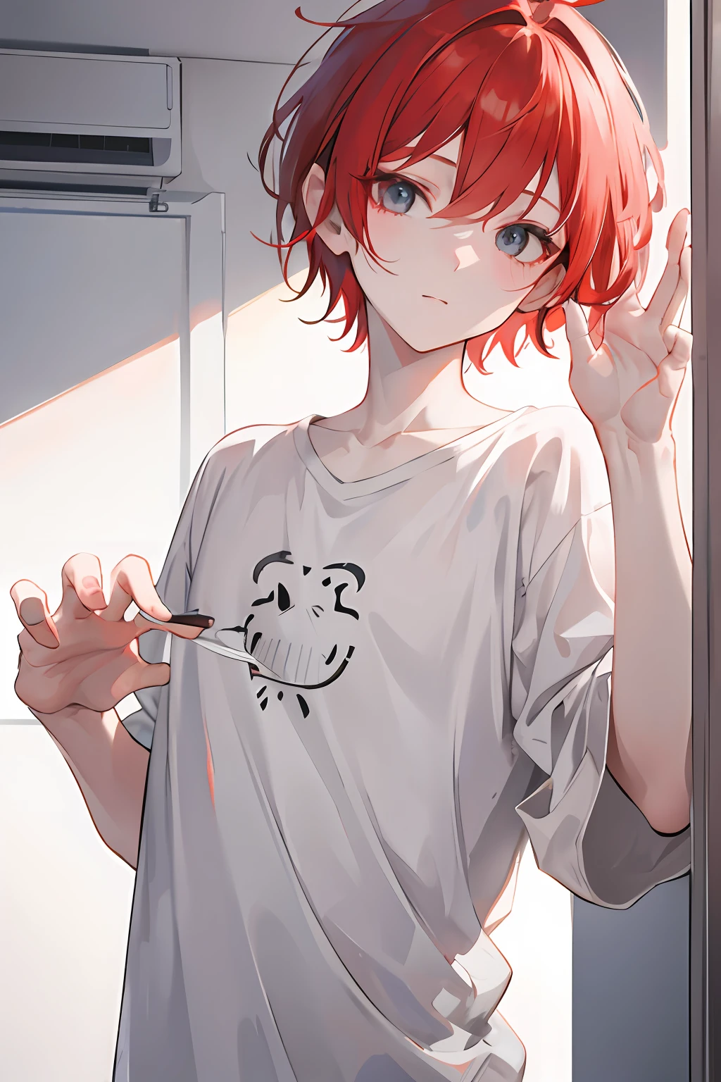 boy, short light red hair, gray eyes, expressive eyes, white skin, soft smile