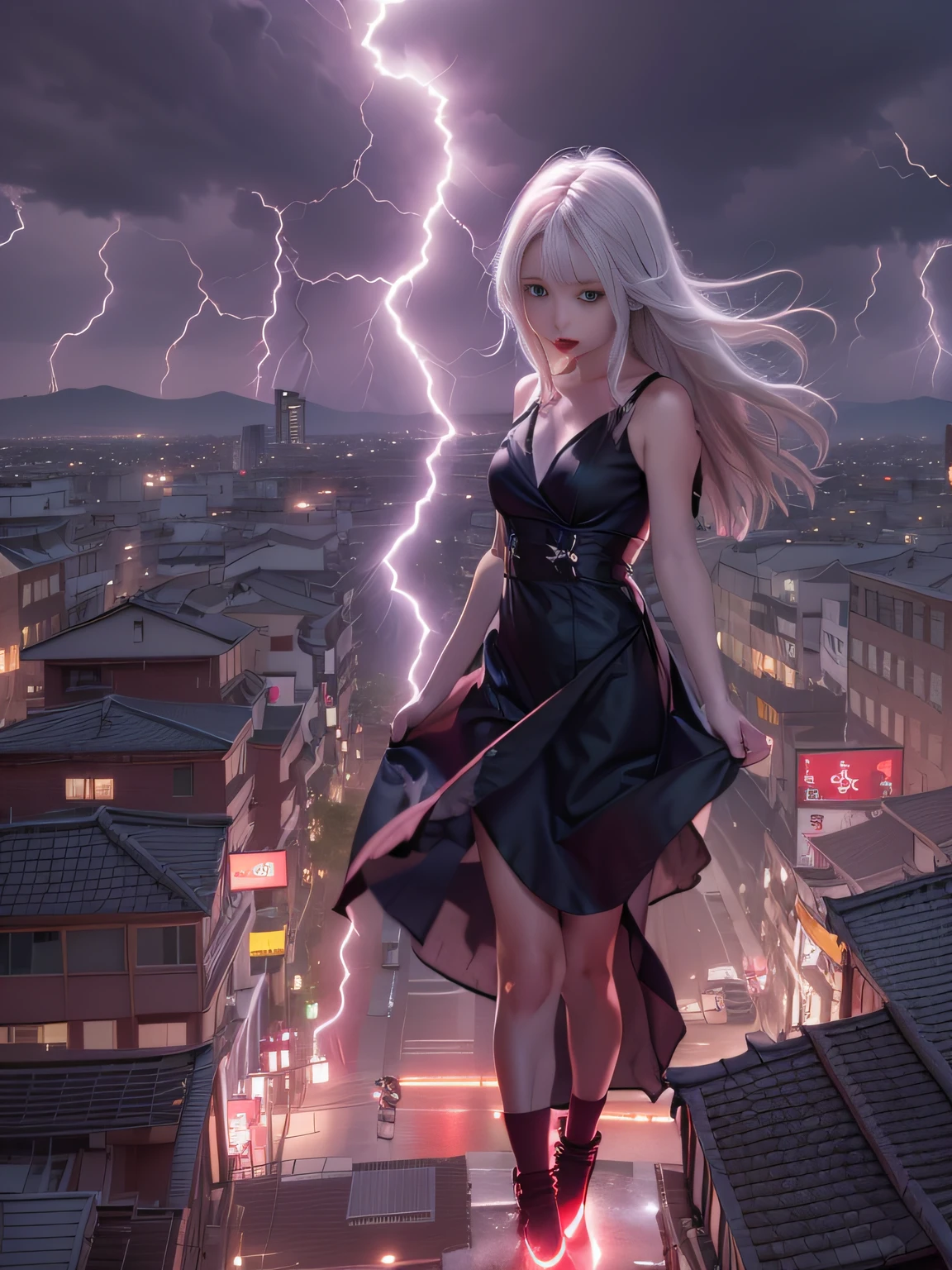 Black goth-rowley girl floating in the city with lightning,Gothloli albino girl floating in the city with one hand,Woman in black dress with red and black hair, Gothic Maiden girl, girl in black dress, 1 7 year old girl,Old Goth girl, an elegant gothic princess, artwork in the style of guweiz, in the art style of bowater, dreamy gothic girl, 8k high quality detailed art, gothic art style, wearing a gothic dress,closing,Wearing underwear,Red Eyes,Looking down,white hair,Wind,Head tilt,White hair, Silver hair, Long hair, Blunt bangs, Straight hair, Big hair, expressive hair, (Red eyes that glow intensely:1.8), Downward eyes, (Red Eyes:1.5),small tits,Thin leg,Crazy, Disappointed,wide Shots,wide angles,sideshot,3 views,,(Close up portrait of a person in a black dress flies over the city:1.7),People fleeing the busy streets of the city lined with shops々々, busy street, Street crowded with people, photograph of the city street, japanese downtown, Traditional Cities of Japan, Busy streets,busy cityscape, bustling city, Crowded with people, Bustling streets in the moon, crowdedstreets, shutterstock, Bustling small town streets,bad weather、A huge amount of purple lightning came out of the girl's hand and hit the city,Dark clouds cover the city pierced by clouds of lightning, Lightning clouds, Atmospheric lightning, Pink lightning, With thunderstorms, Dark storm with lightning, Dramatic purple lightning, Lightning in the sky, Contrast Lightning, thunderstorm in the sky, Lightning in the background, With lightning, Stormy weather with lightning, Upper volumetriclightning,Effect of wearing purple aura,(Control a large number of lightning with open arms:1.4),Destroy the city with a girl's lightning attack,Called nose,Lightning effect on both hands,Countless balls glowing purple around the girl,goddess of lightning, Storm, Storm outside, She attracts a lot of purple lightning,