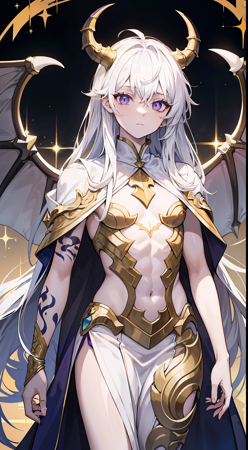 young boy, femboi, femboi , Long white hair, dragon horns, Heteroromy, left purple, and the right golden eye, White transparent robe, open torso, White tattoo, Masterpiece, hiquality