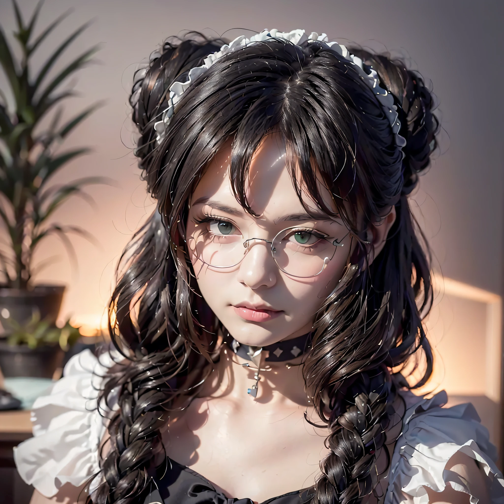 (64k, RAW photo, highres, best quality, masterpiece:2.0), (ultra-fine depiction of the detail:2.0), (realistic, beautiful, photo-realistic:1.3), 1girl, (yuri alpha), long black hair, (single braid bun:1.5), (shiny black hair, blue-gray eyes),(cool glasses), (gothic style vivid blue choker), (blue bowtie and ribbon) (simple but high-quality maid dress), (vivid dark emerald green, spiked gantlets), (solemn maid dress with gothic style coreset), (gigantic breasts), (elegant and handsome woman), (shiny skin, pink lips), (looking at the viewer:1.5), (closed mouth, a slight happy smile;1.4), (seated in a study room, filled with solemn atmosphere), (highly sophisticated professional HDR, with effective ambient occlusion, perfectly optimized effective front light:1.8), (perfect, natural, harmonious composition), (photo-realistic, ultra-detailed:1.5), ((portrait:1.6))