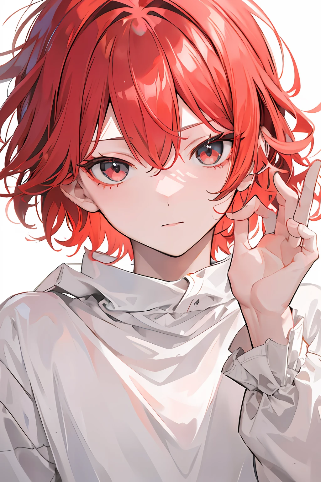 boy, short light red hair, gray eyes, expressive eyes, white skin, soft smile