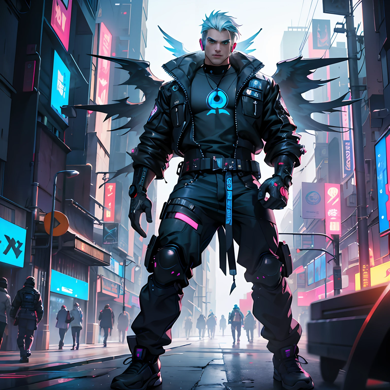 beautiful male, Cyberpunk, An AI, Central Server, Deep view, Heavy Blue LED Light, Connected wires, Award-winning Fatorg, Cyberpunk, Extremely detailed, art stations, 8 K, Sensual lighting, Incredible art, wlop, ArtGerm,Hyper-Realism, high detailing, Octane Render, 8K, depth of fields, A man with a very beautiful face, Blue Rampage Flame, Angelic Boy, Claudia Flohair D Figure, 3D Doll, Very beautiful man,, Beautiful light green human eyes, Cyberpunk Beautiful Warriors,Realistic Men, 85mm lens, F8 key, Photo, Super Detail, Natural light, Windy, High image quality,Beautiful face, Engulfed in silver flames, 8K, Cyberpunk, Pink neon, Big man with full body, full body Esbian3D-Animation, Full body animation, Pose shooting a large machine gun、Large body、Half of his face is a cyborg、fight、Silver tattoo,standing on the grass、Big cyberpunk clothes、Big Head Earphones、,Fashionable men、Blue Pupils, Wearing fashionable clothes、pop-art、Only one man,chee, Octane Rendering, , Full body vision, Cinematic lighting, , Center, looking in camera, At 8K, Perfect Lighting、Very beautiful face、