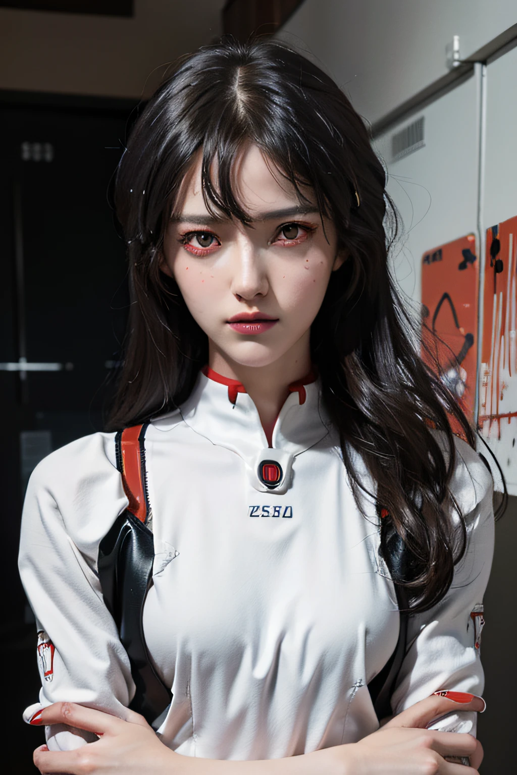 extremely beautiful eyes, extremely beautiful face, (red eyes:1.5), rei, evangelion neon, robot, bloody