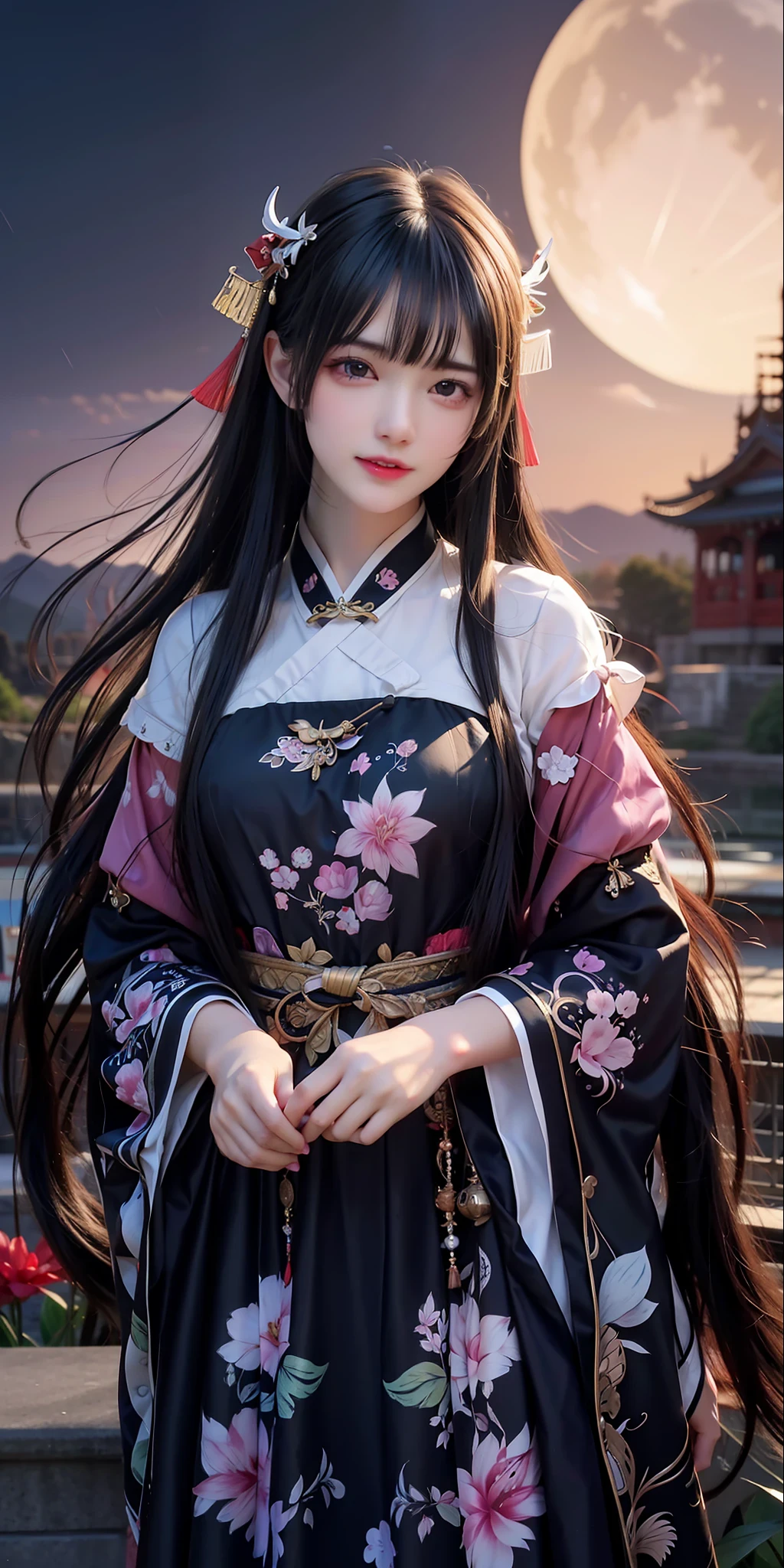 (8k, RAW photo:1.2), best quality, ultra high res,dramatic angle,(fluttered detailed color splashs), (illustration),(((1 girl))),(long hair),(rain:0.9), (头饰:1.4),少女身边有一座古宫,汉服,(重点),彩色水墨画,(泼彩),泼彩,(((colorful))),(素描:0.8) , Masterpiece, best quality, beautiful painted, highly detailed,(denoising:0.6),[splash ink],((ink refraction)), (beautiful detailed sky),moon,highly,detaild,(masterpiece, best quality, extremely detailed） CG unity 8k壁纸，杰作，最好的质量，超详细），（石蒜），