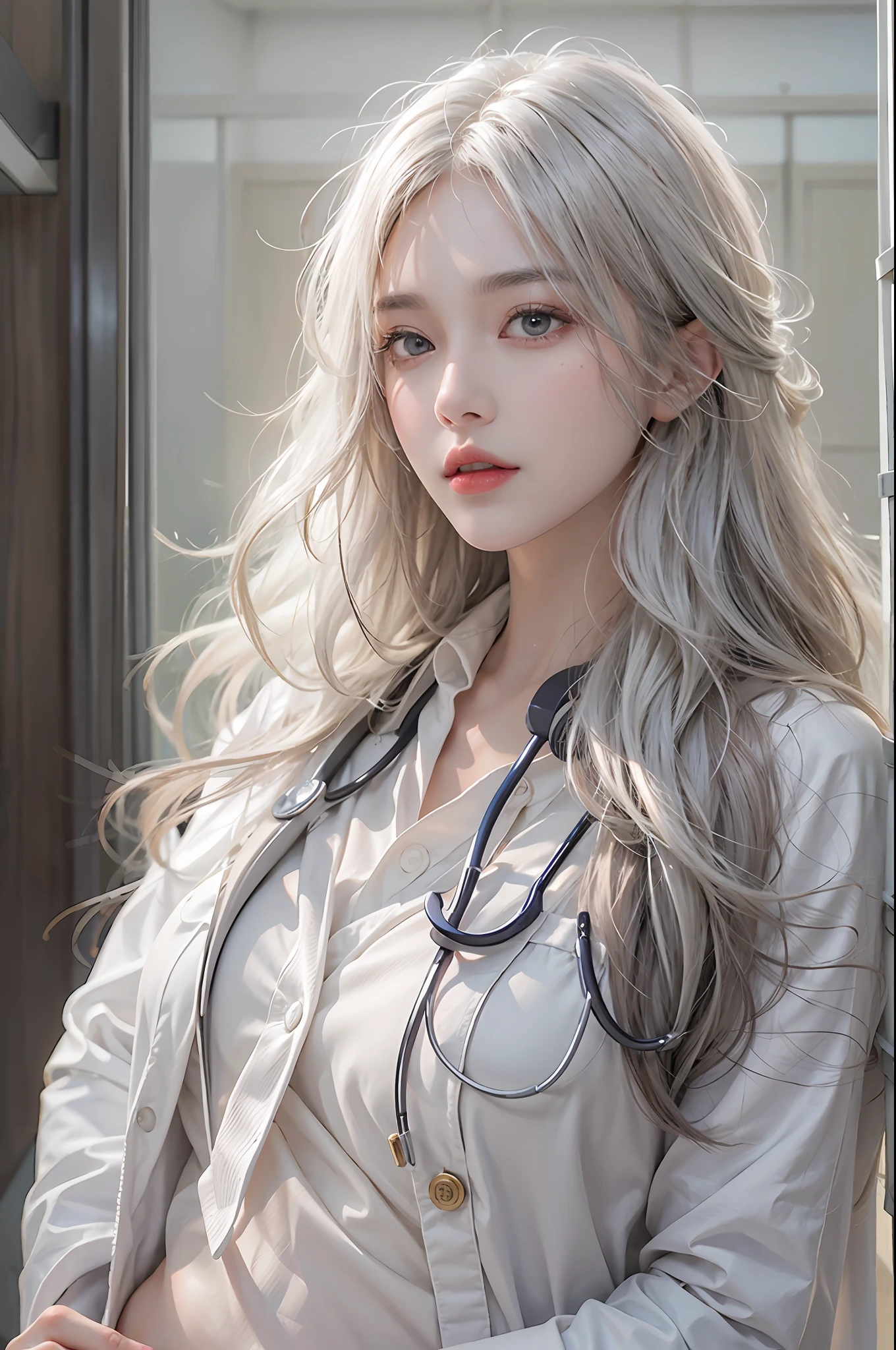 photorealistic, high resolution, soft lights, 1women, shiny skin, finely detailed skin, solo, hips up, look at viewer, (detailed face), white hair, long hair, doctor outfit, White blouse doctor
