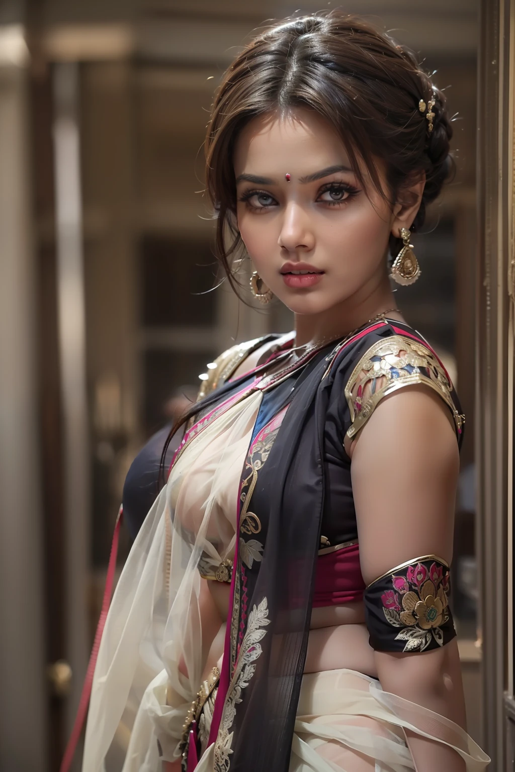 best quality, masterpiece, (realistic:1.2), young woman,waist up, modern style, detailed face, detailed eyes, detailed dark updo hair,strict expression, detailed skin, (saree:1.2),(look at viewer), dramatic, vibrant, standing, (big breasts:1.2),(nipple:0.1)