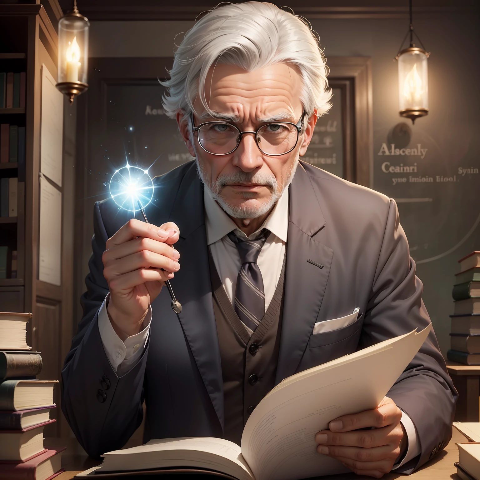 Photo of a sympathetic professor with glasses and gray hair, a teacher of the subject of Magical healing art at the school of magic. 50 --s 2
