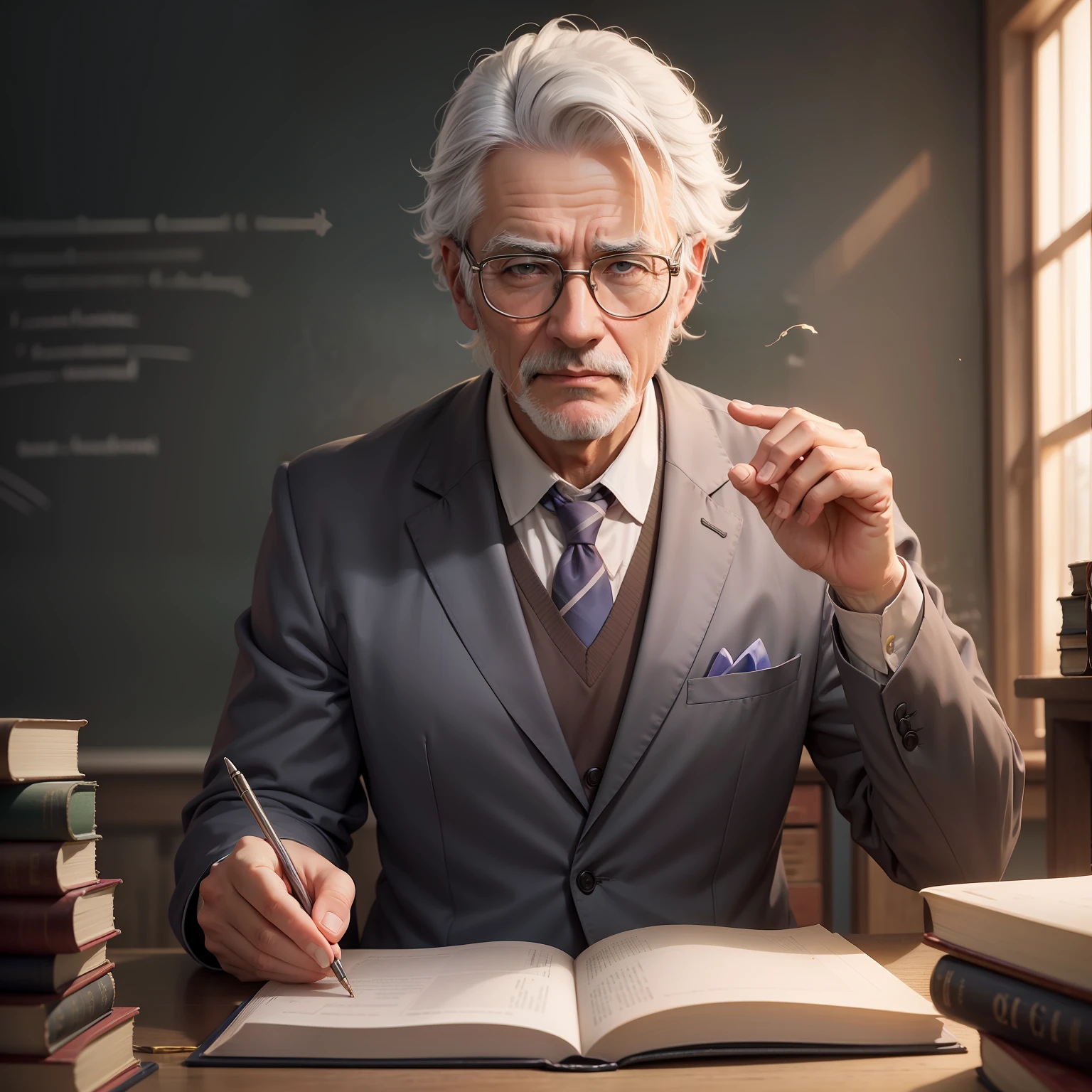 Photo of a sympathetic professor with glasses and gray hair, a teacher of the subject of Magical healing art at the school of magic. 50 --s 2