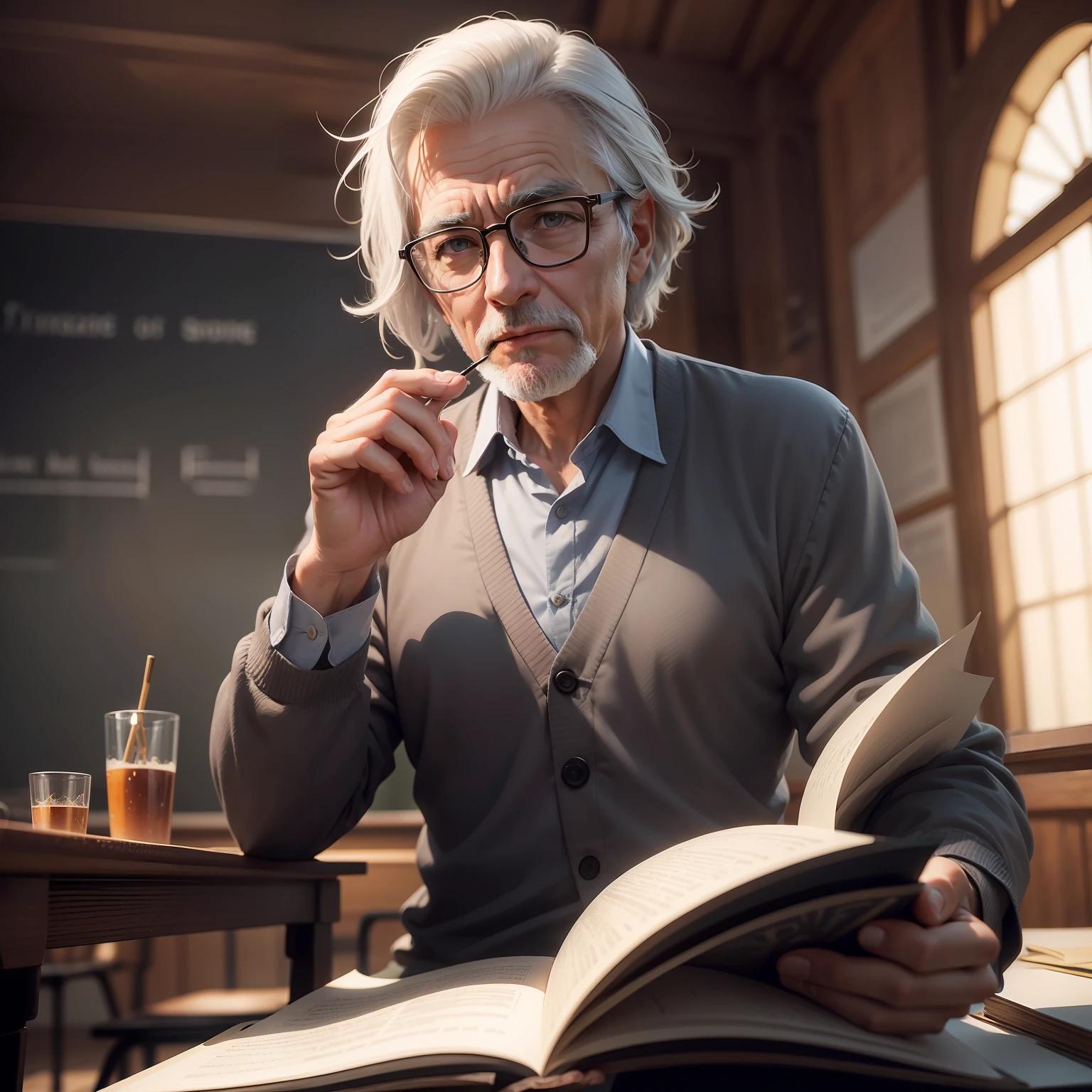 Photo of a sympathetic professor with glasses and gray hair, a teacher of the subject of Magical healing art at the school of magic. 50 --s 2