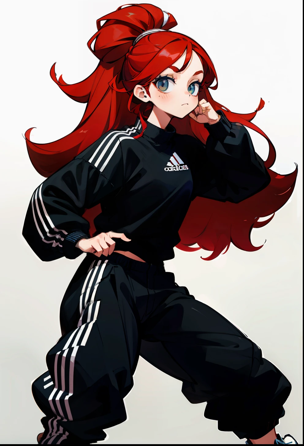 Red hair, 1Girl, Adidas Clothing, model poses, Long-haired, Product Advertising