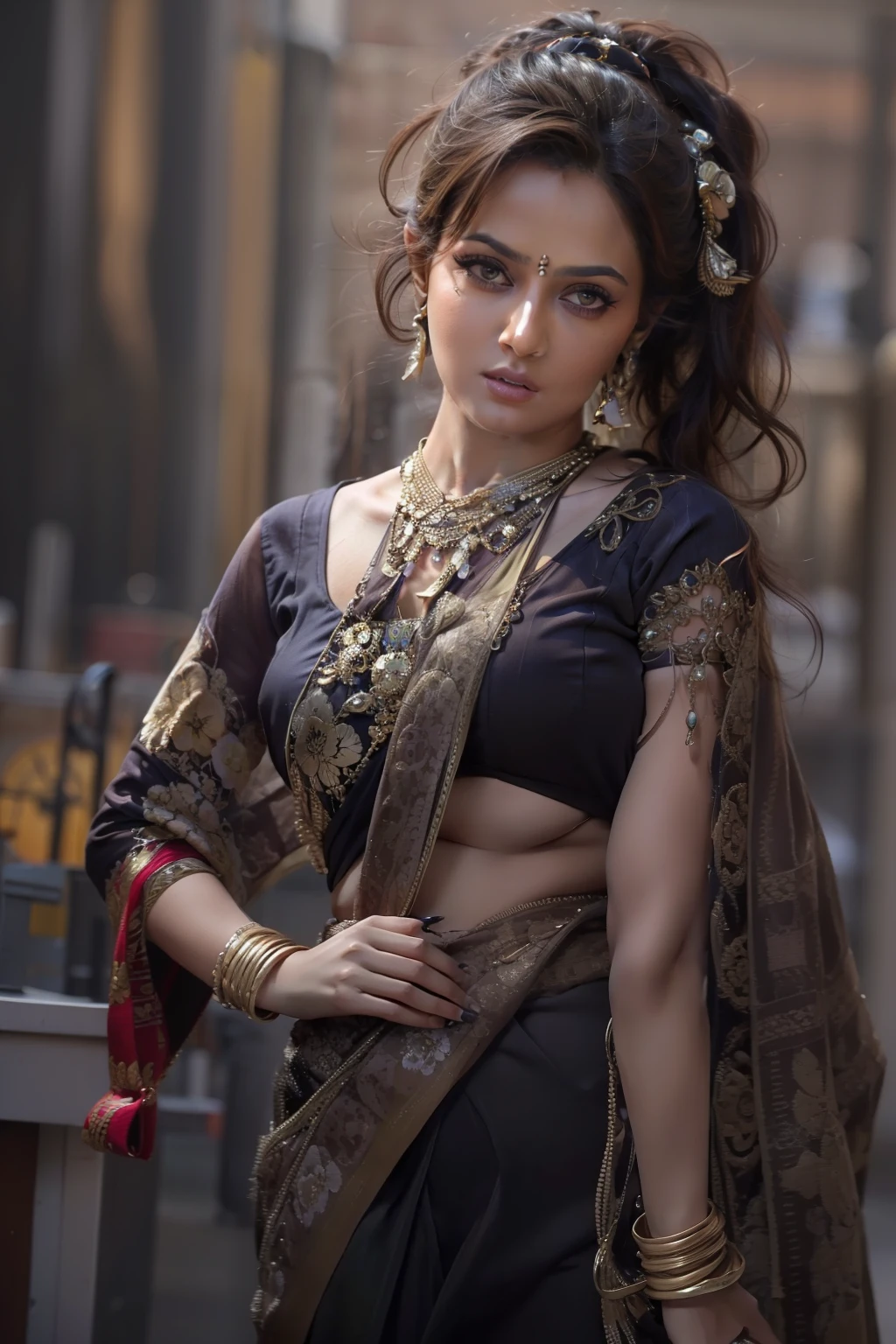 best quality, masterpiece, (realistic:1.2), young woman,waist up, modern style, detailed face, detailed eyes, detailed dark updo hair,strict expression, detailed skin, (saree:1.2),(look at viewer), dramatic, vibrant, standing, (big breasts:1.2),(nipple:0.1)