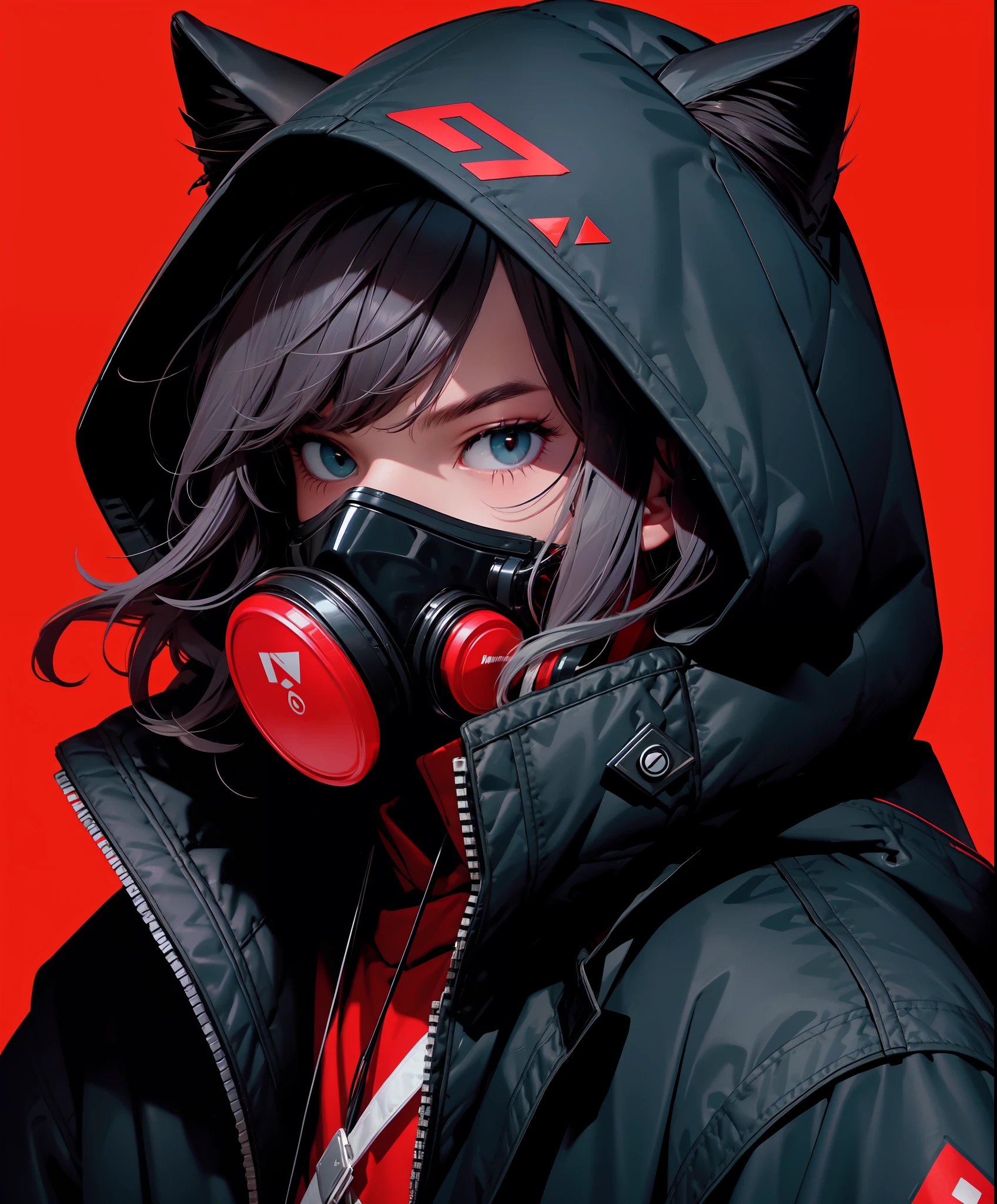 masterpiece, best quality, 1boy, solo, hood, red background, looking at viewer, hood up, mask, simple background, bangs, animal ears, animal hood, upper body, jacket, grey hair, respirator, black jacket, blue eyes, hooded jacket, wavy hair, long hair, medium hair, facial mark, mouth mask, aqua eyes, zipper, masterpiece, best quality,