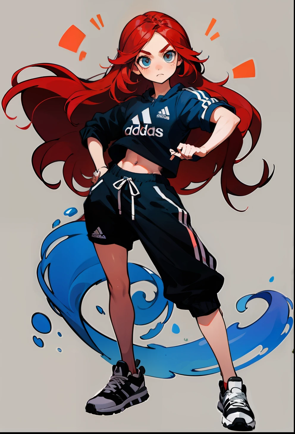Red hair, 1Girl, Adidas Clothing, model poses, Long-haired, Product Advertising