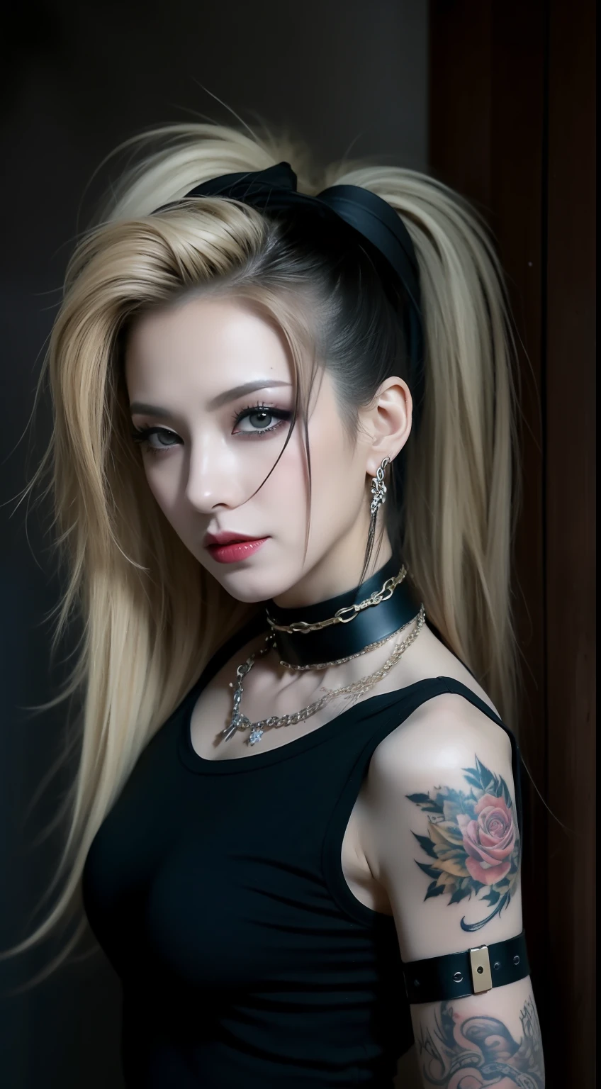 (masterpiece), best quality, expressive eyes, perfect face, black stocking, black tanktop, armpit, little smile , armpit, straddle, tight tanktop, big boobs, necklace, earing, long hair, full body, choker gothic metal, tattoo, gothic metal, Korean girl, blonde