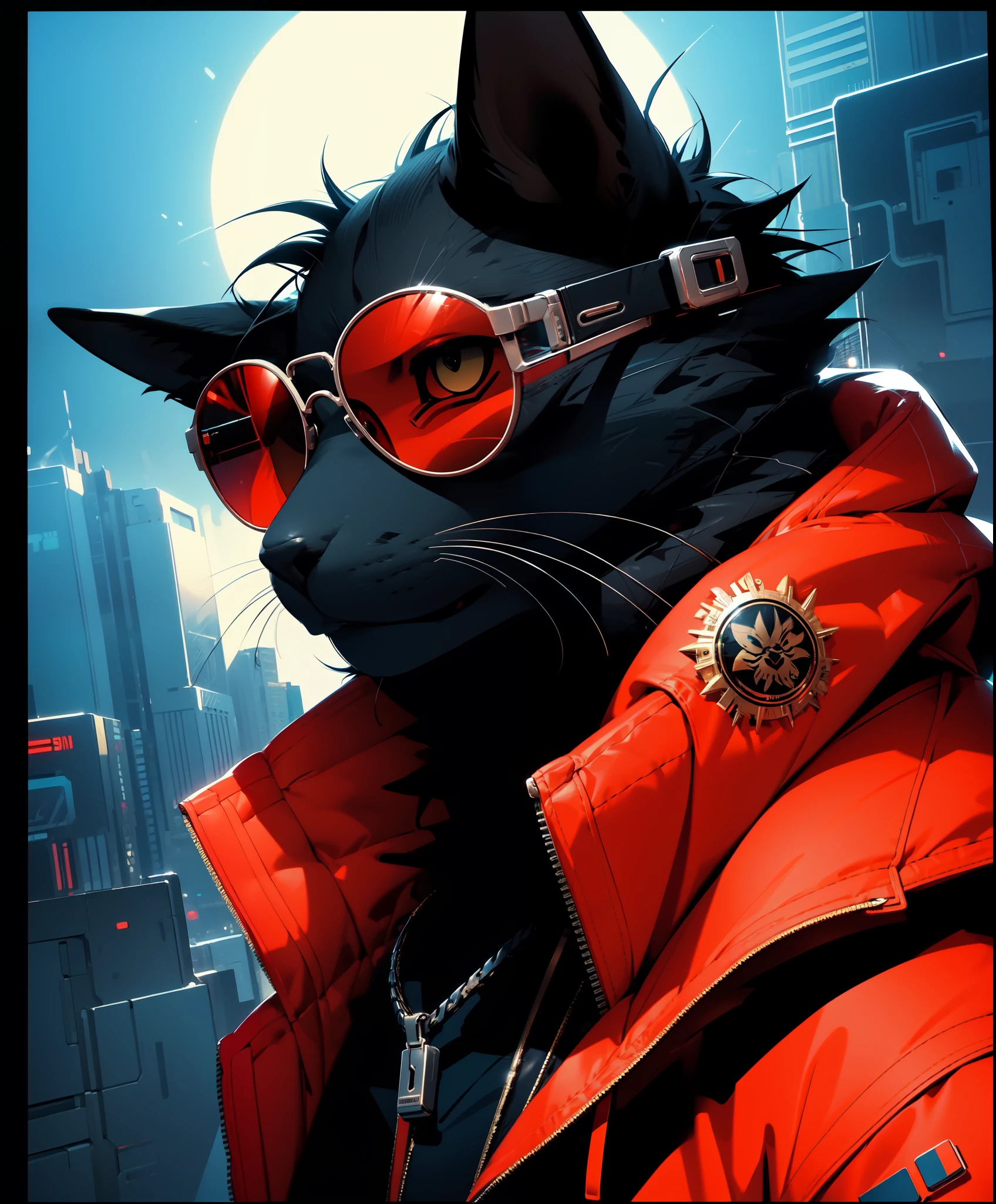 masterpiece,best quality,ultra-detailed,8k,highres,absurdres,Amazing,finely detail,cyberpunk style,hoodie,sun glasses,portrait,furry,jacket,best shadow,border collie,despise,