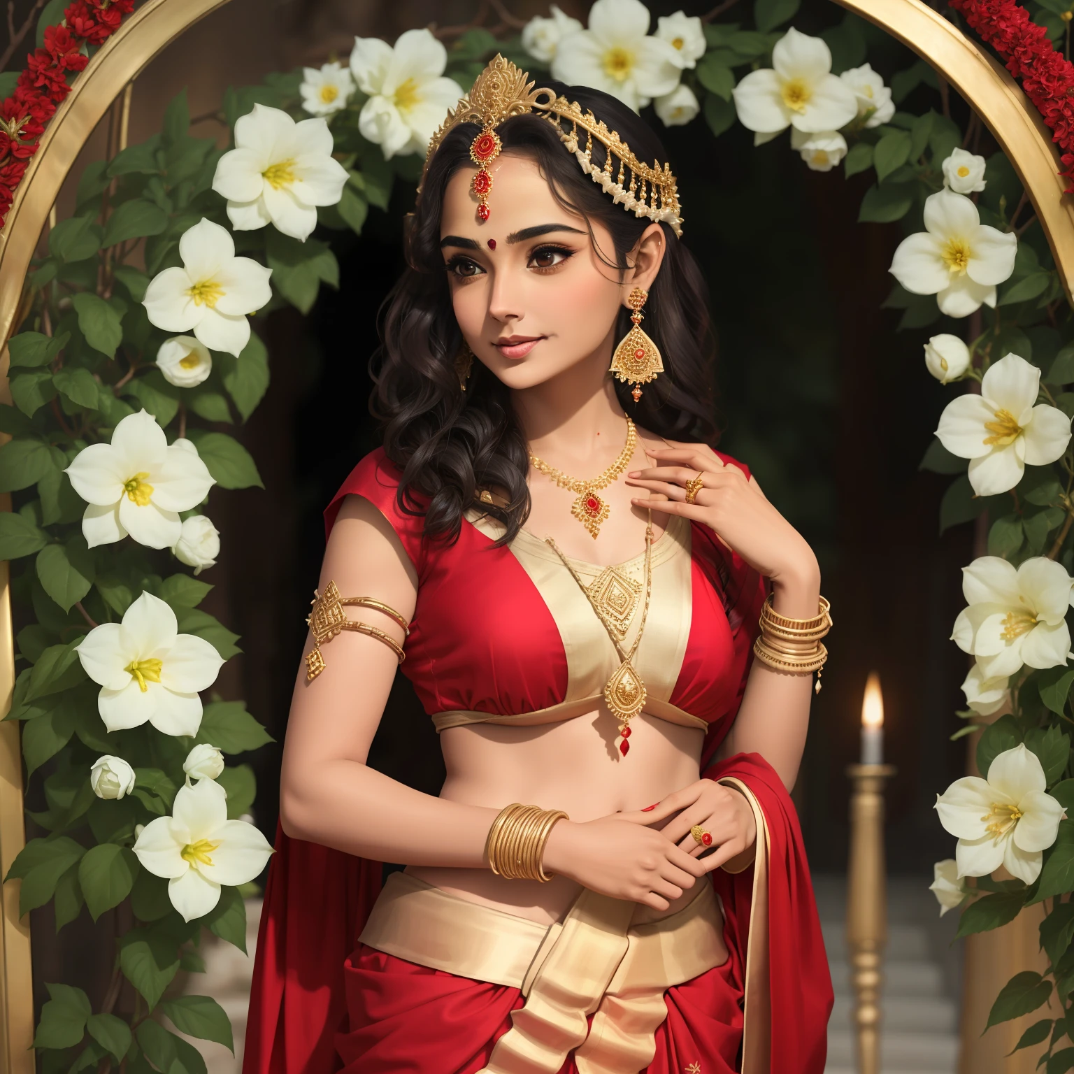Sita had long, dark curls, In her hands she held a garland of flowers. She had expensive long earrings, Sari red with gold. She looked lovingly at Rama