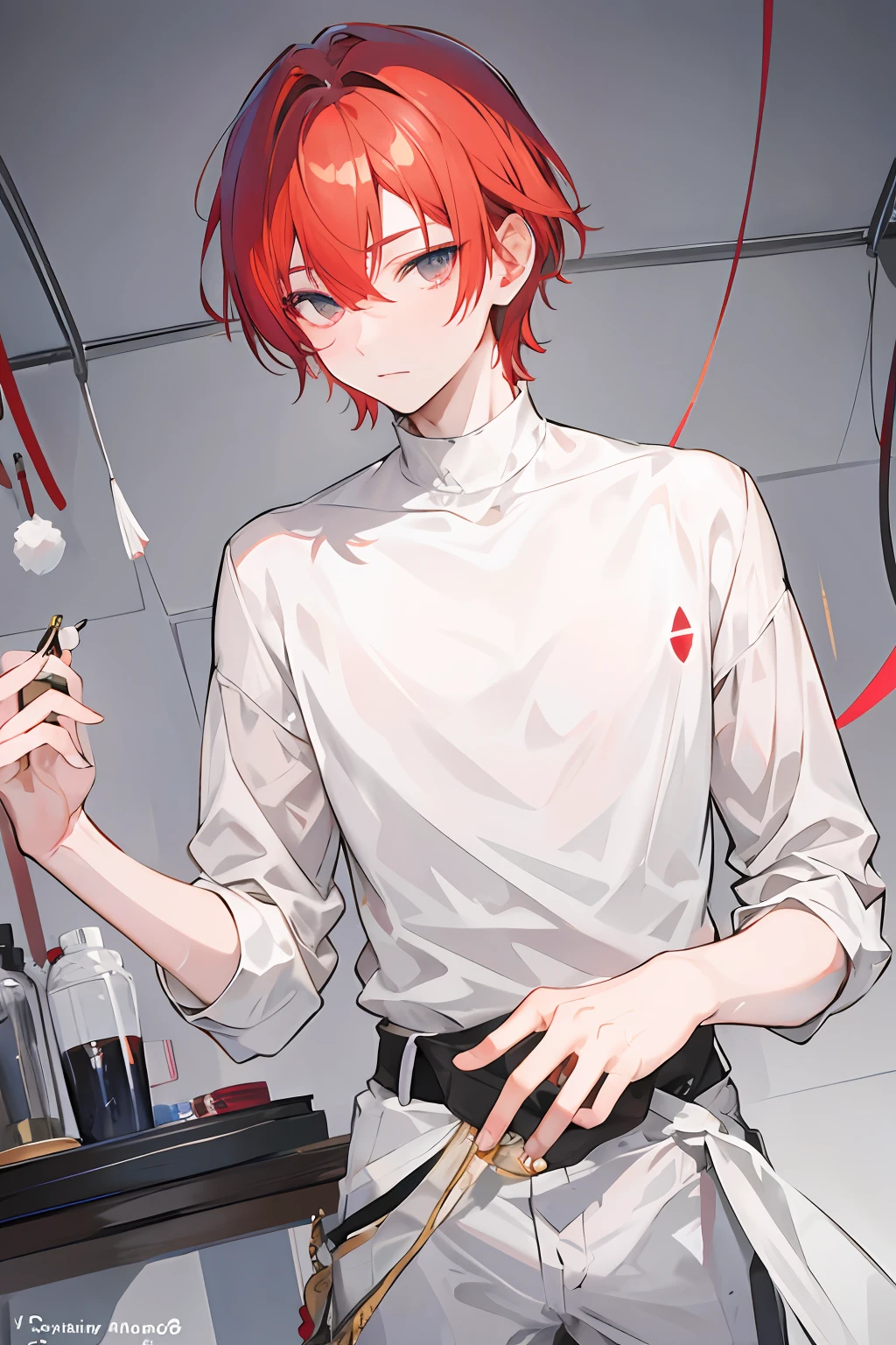 1boy, short light red hair, gray eyes, expressive eyes, white skin, soft smile