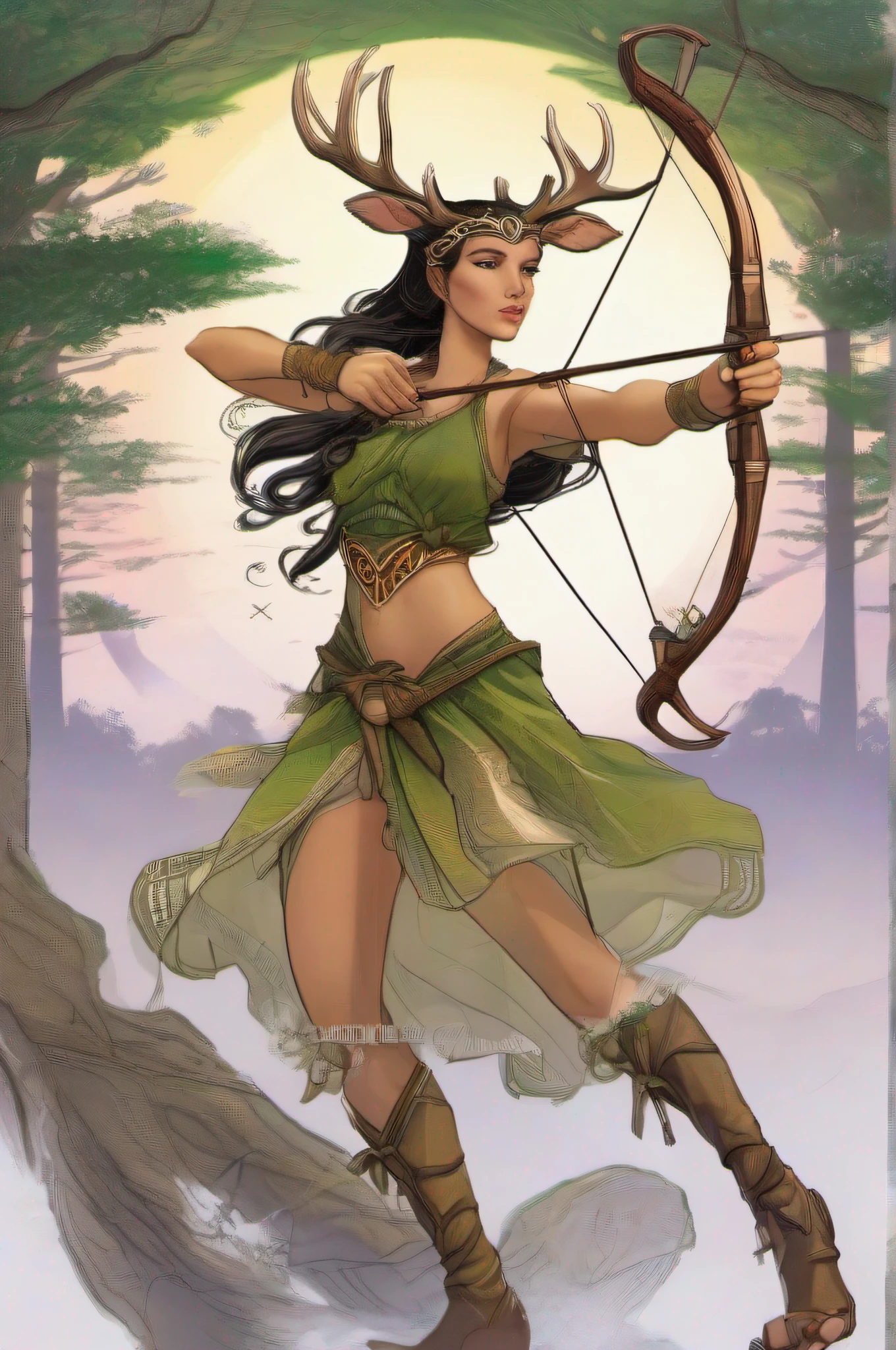 Artemis, as the goddess of the hunt, should be depicted as a youthful and energetic figure, her keen eyes bright with focus. Dress her in a short, lightweight, forest-green tunic, ideal for quick movement through the woods. Boots suitable for running and walking in the forest should adorn her feet.
In her left hand, she tightly grips her iconic longbow, made of fine, polished wood. The bow's string should be taut, ready to unleash an arrow at any moment. On her back, a quiver brimming with feathered arrows should be seen, their sharp points glinting.
Resting on her head, a crescent moon crown, symbolizing her association with the moon and night hunting. Her hair should be tied back in a practical braid or a ponytail, to avoid interference during the hunt.
Position a deer, her sacred animal, by her side, standing gracefully as if listening for a distant sound. A sense of serene companionship should be palpable between Artemis and the deer.
Lastly, emphasize her features that suggest strength, agility, and unwavering focus. Her stance should portray readiness and alertness, symbolizing her eternal vigilance as the protector of the wilderness and young girls.