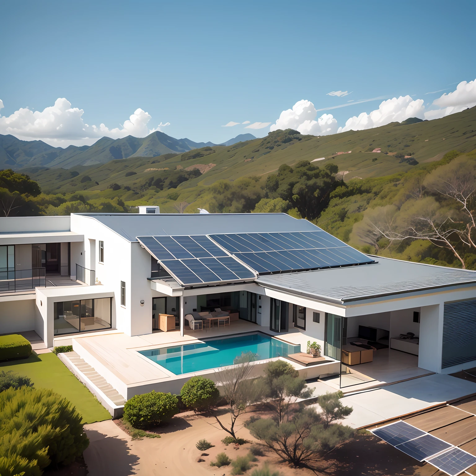 Gostaria de uma casa, altamente detalhada, with solar panels on the roof , Design moderno e elegante, com um paisagem radiante de um sol